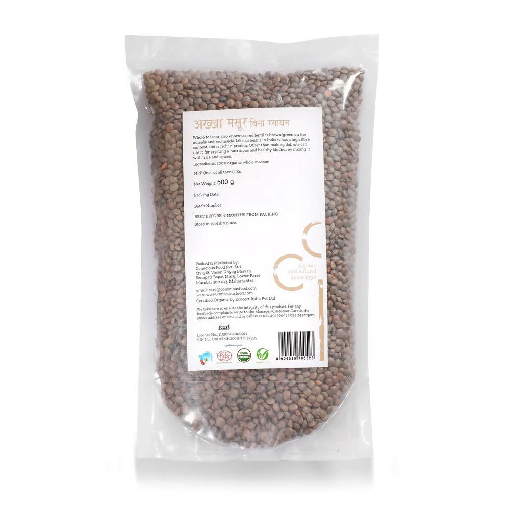 Conscious Food Organic Whole Red Lentil (Masoor Whole) 