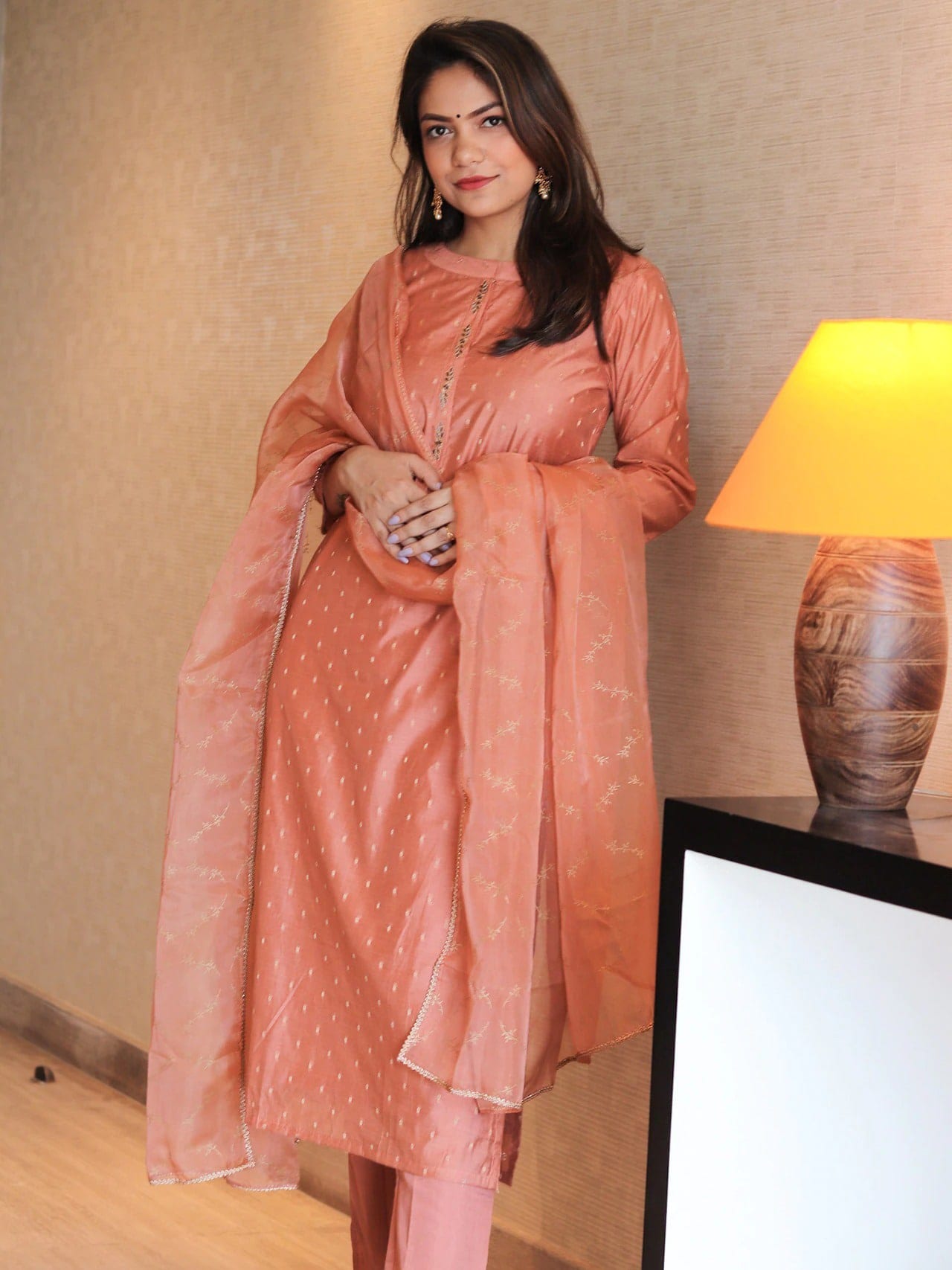 Janasya Women Peach-Coloured Self Design Kurta with Trousers & Dupatta