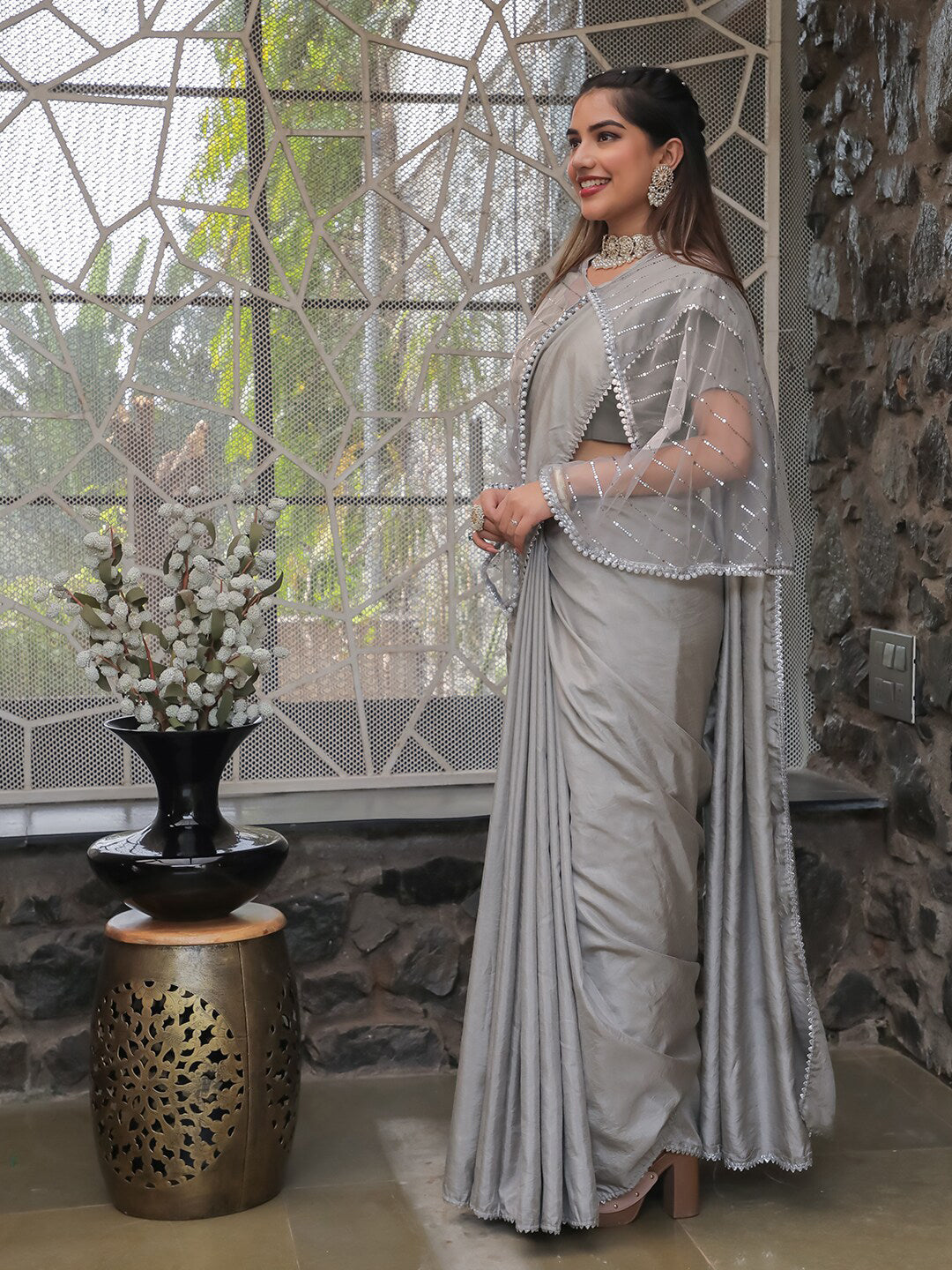 Tikhi Imli Embellished Border Sequinned Grab2Buy With Cape 
