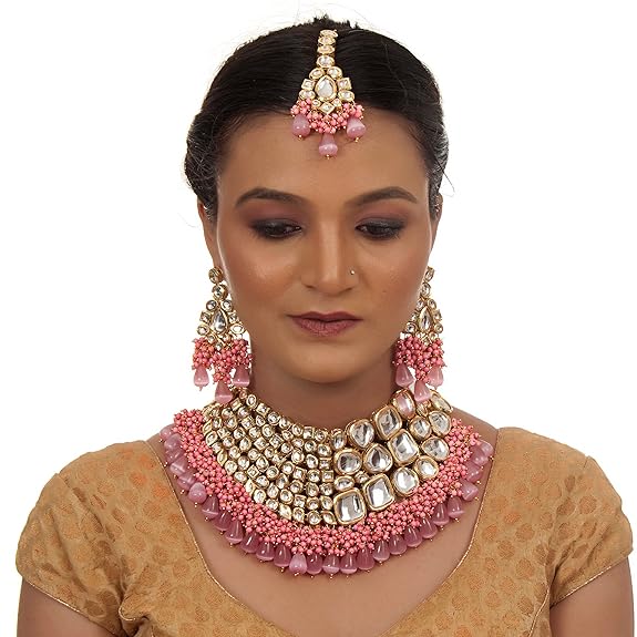 Tehzeeb Creations Meenakari Gold-Polished Pink color Uncut dibbi Kundan Combo Necklace Set Tehzeeb Creations