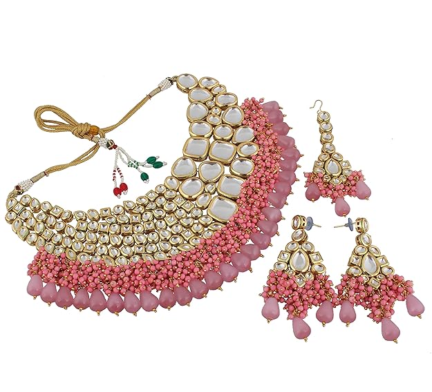 Tehzeeb Creations Meenakari Gold-Polished Pink color Uncut dibbi Kundan Combo Necklace Set Tehzeeb Creations