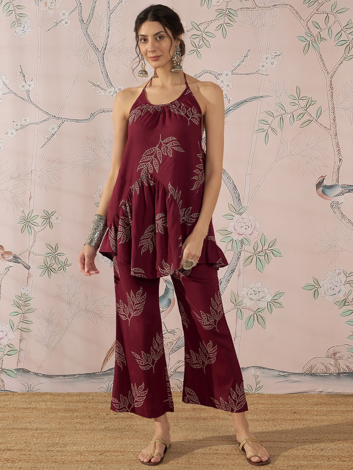 InWeave Dark Maroon Leaf Halter Strappy Set 