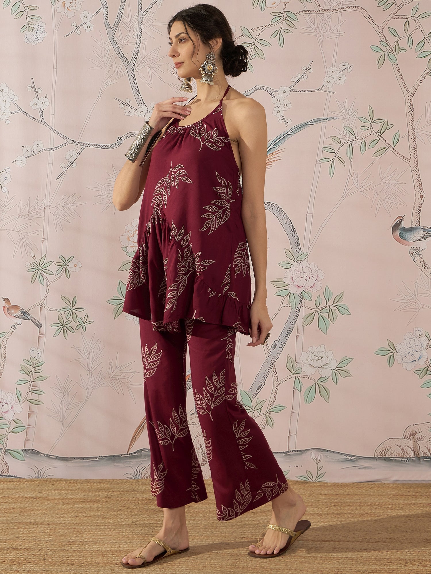 InWeave Dark Maroon Leaf Halter Strappy Set 