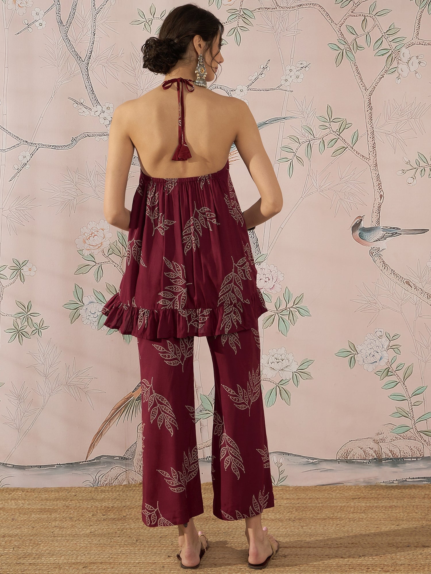 InWeave Dark Maroon Leaf Halter Strappy Set 