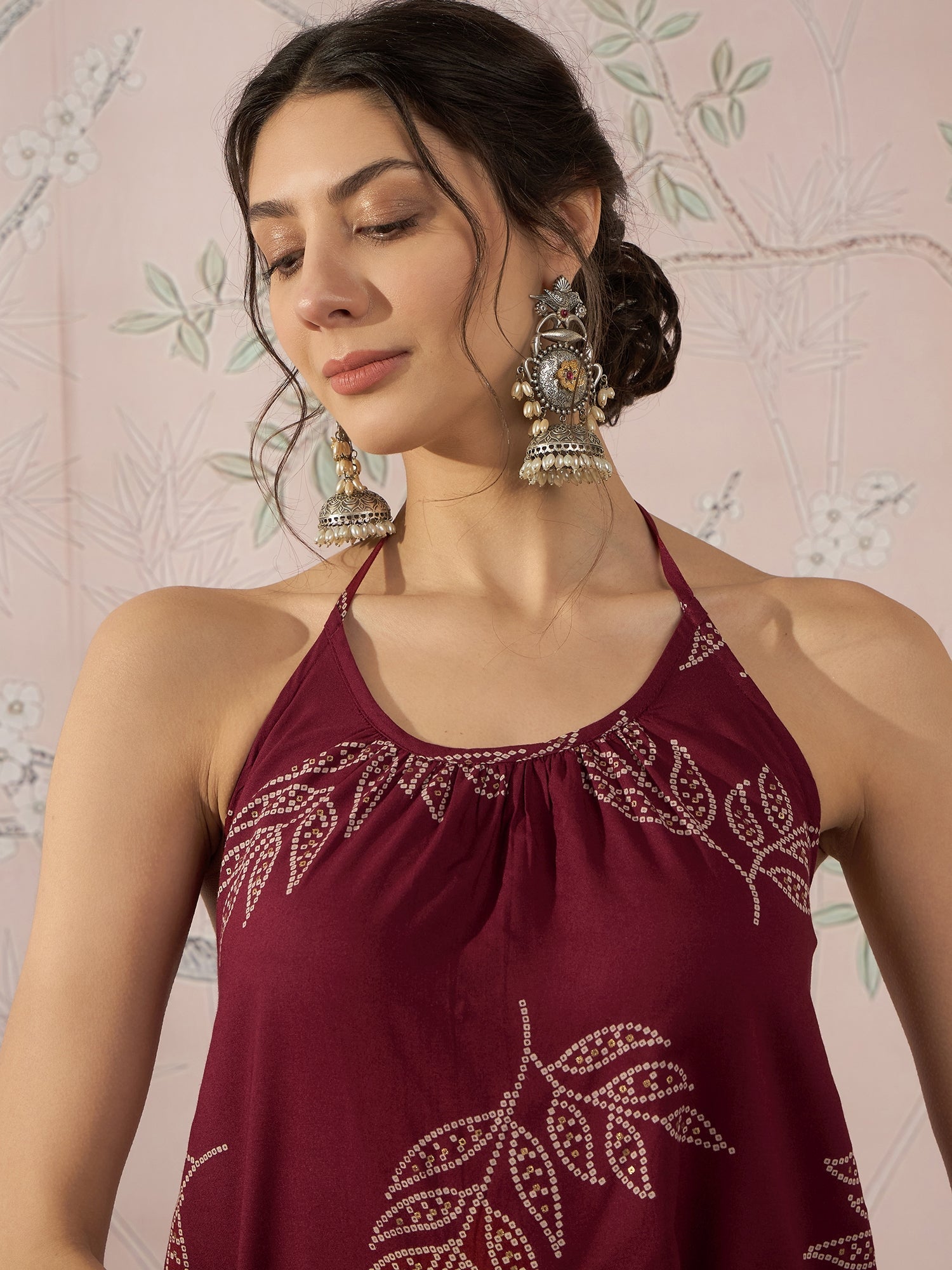 InWeave Dark Maroon Leaf Halter Strappy Set 