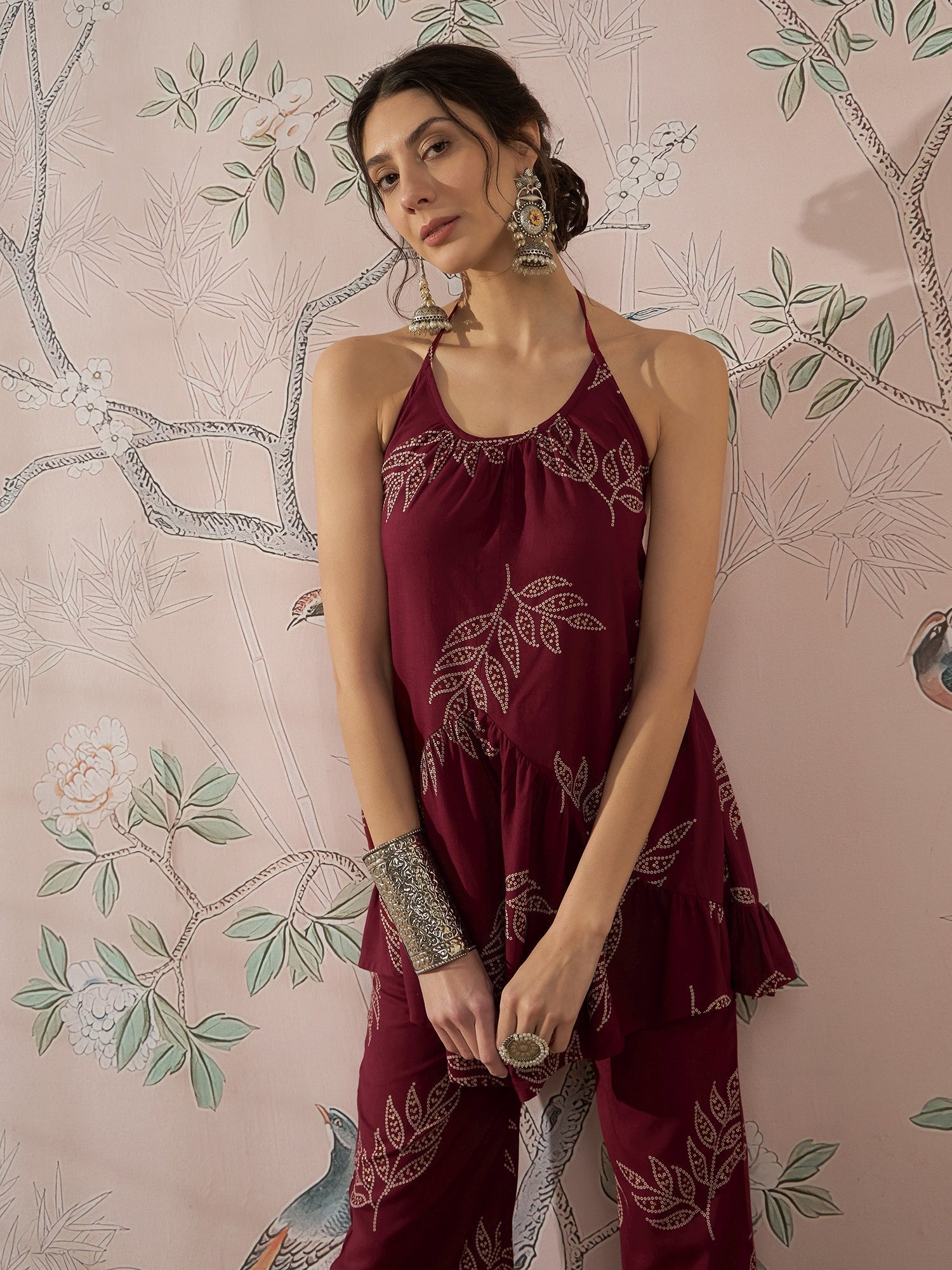 InWeave Dark Maroon Leaf Halter Strappy Set 