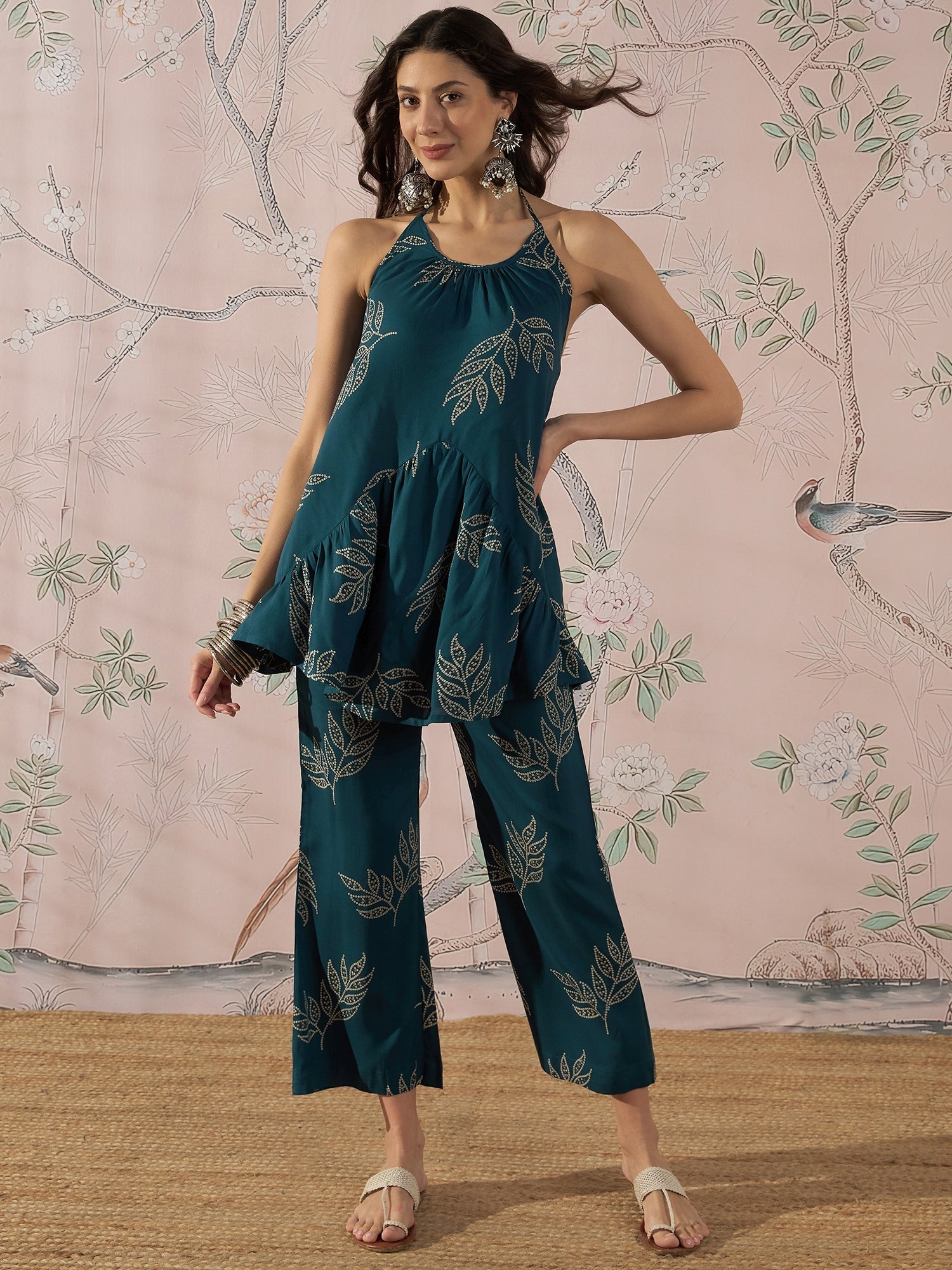 InWeave Dark Teal Leaf Halter Strappy Set 