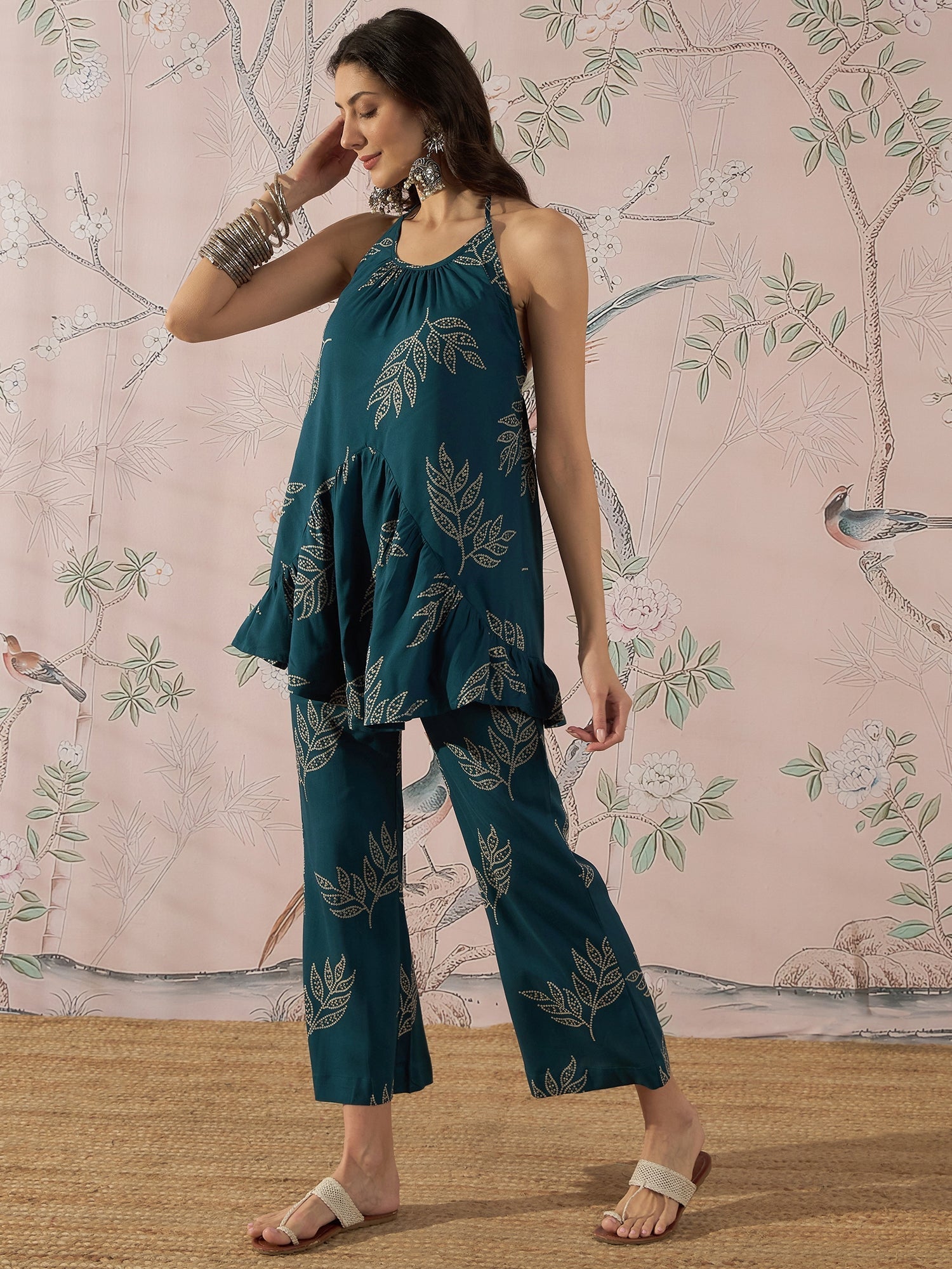 InWeave Dark Teal Leaf Halter Strappy Set 