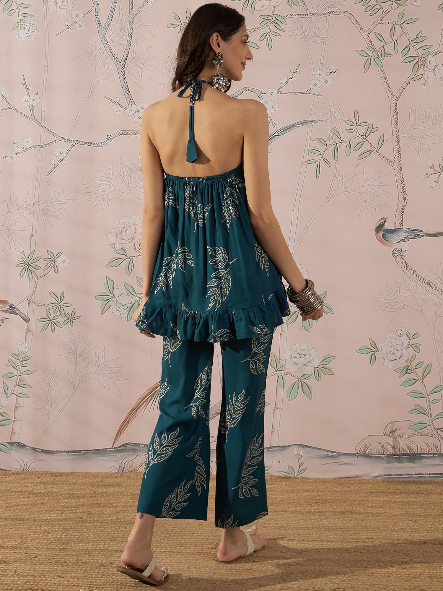 InWeave Dark Teal Leaf Halter Strappy Set 