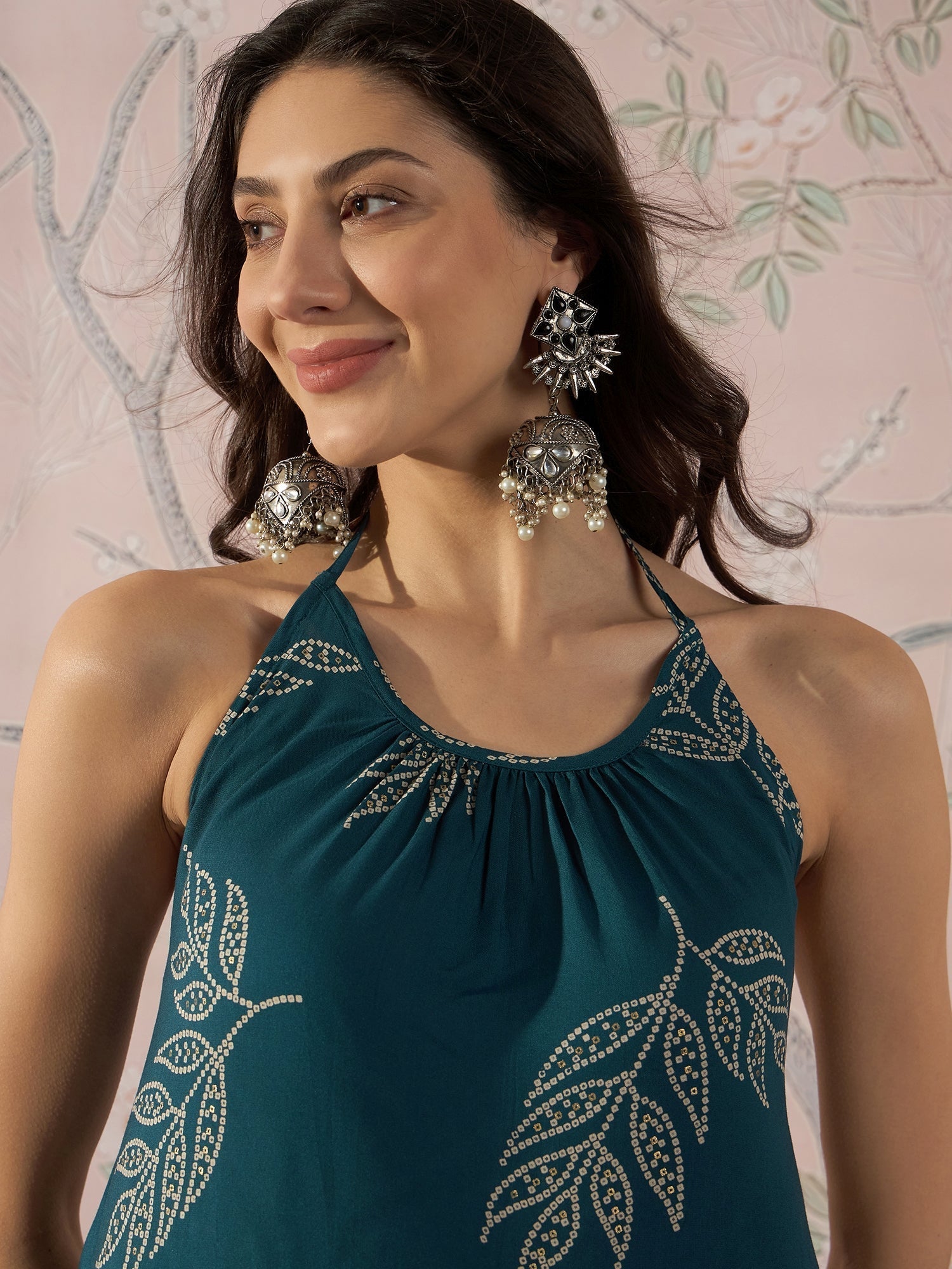 InWeave Dark Teal Leaf Halter Strappy Set 