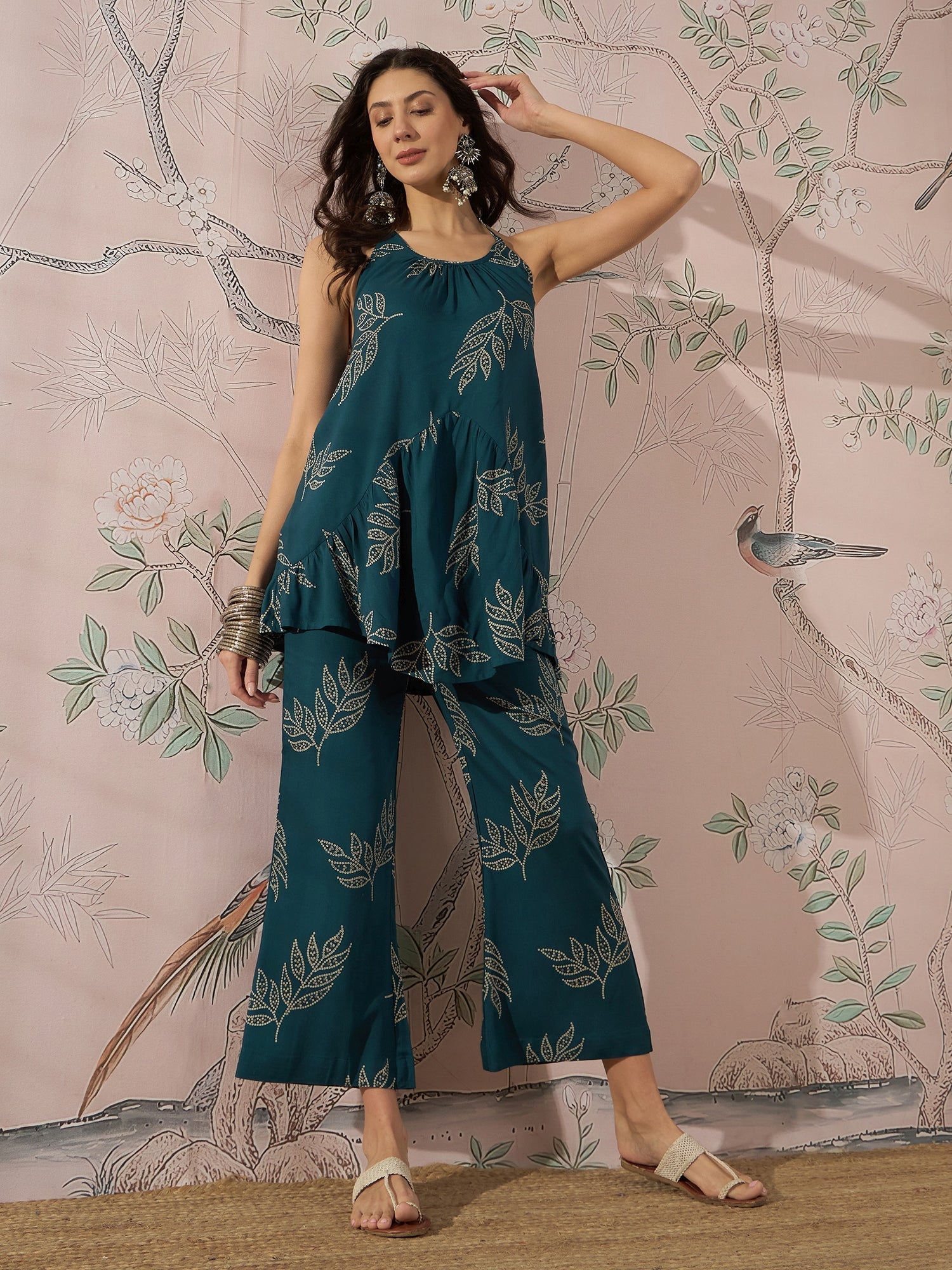 InWeave Dark Teal Leaf Halter Strappy Set 