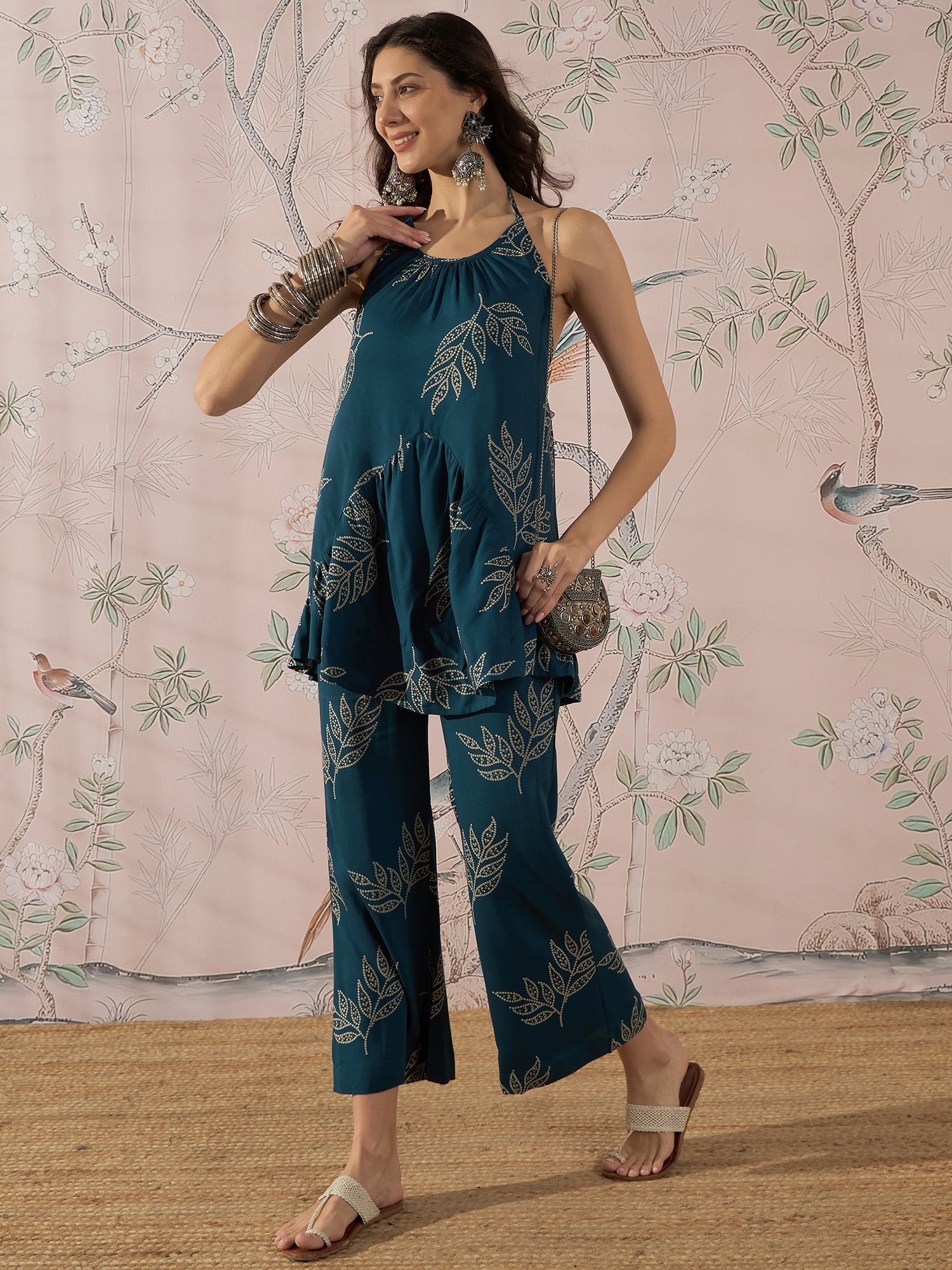 InWeave Dark Teal Leaf Halter Strappy Set 