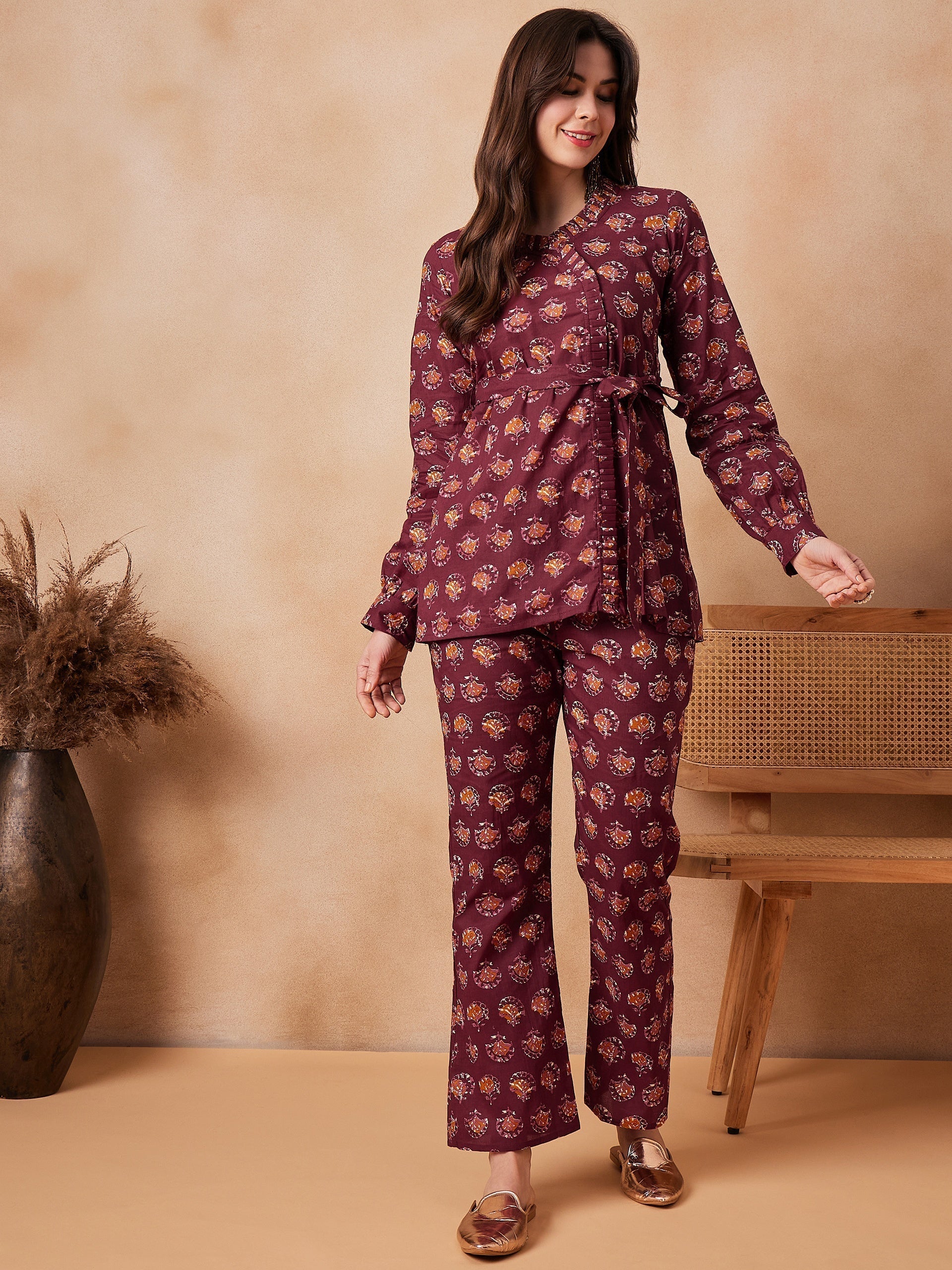 InWeave Burgundy Floral Boota Co Ord Set With Belt 
