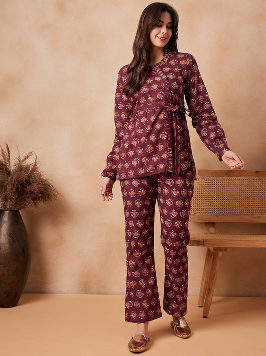 InWeave Burgundy Floral Boota Co Ord Set With Belt 