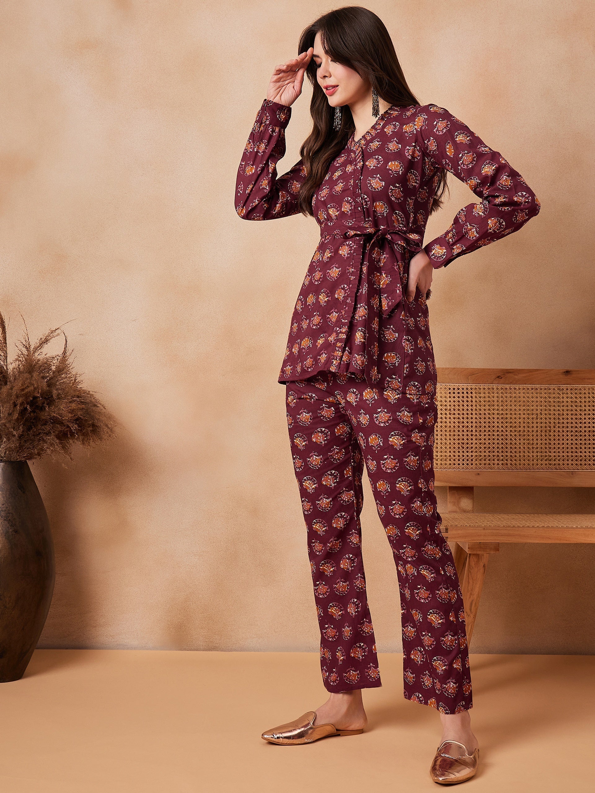 InWeave Burgundy Floral Boota Co Ord Set With Belt 