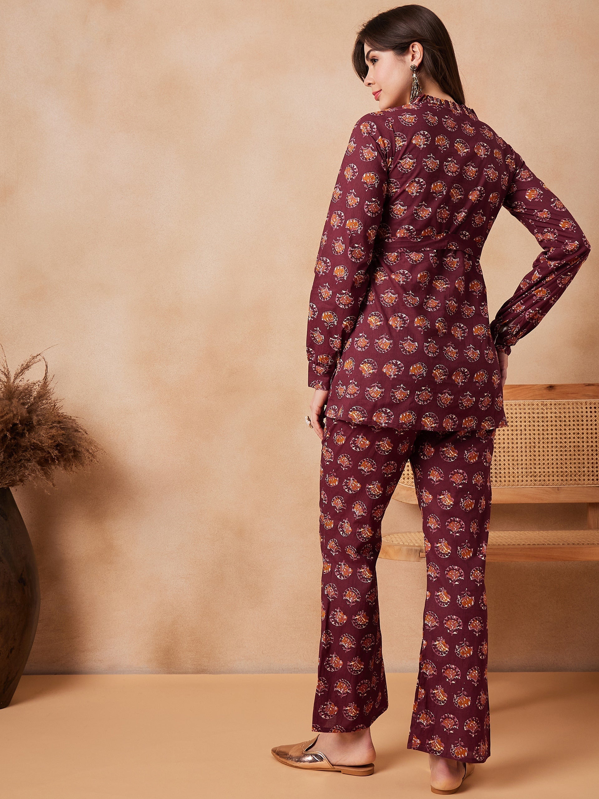 InWeave Burgundy Floral Boota Co Ord Set With Belt 