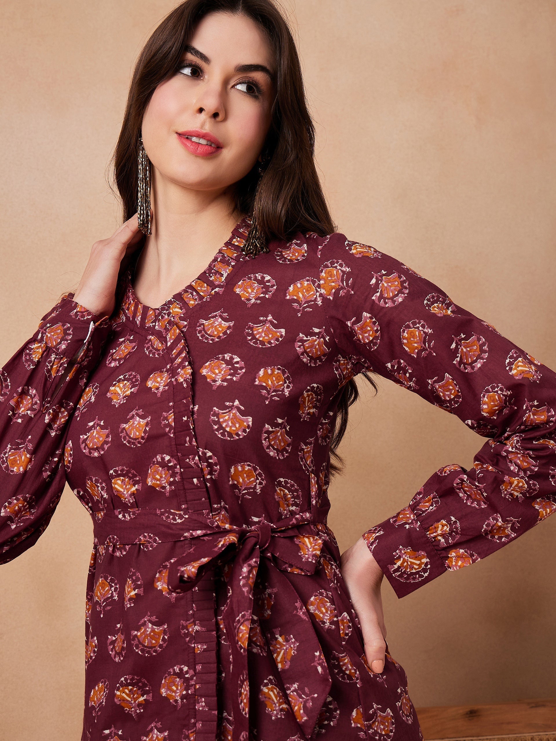 InWeave Burgundy Floral Boota Co Ord Set With Belt 