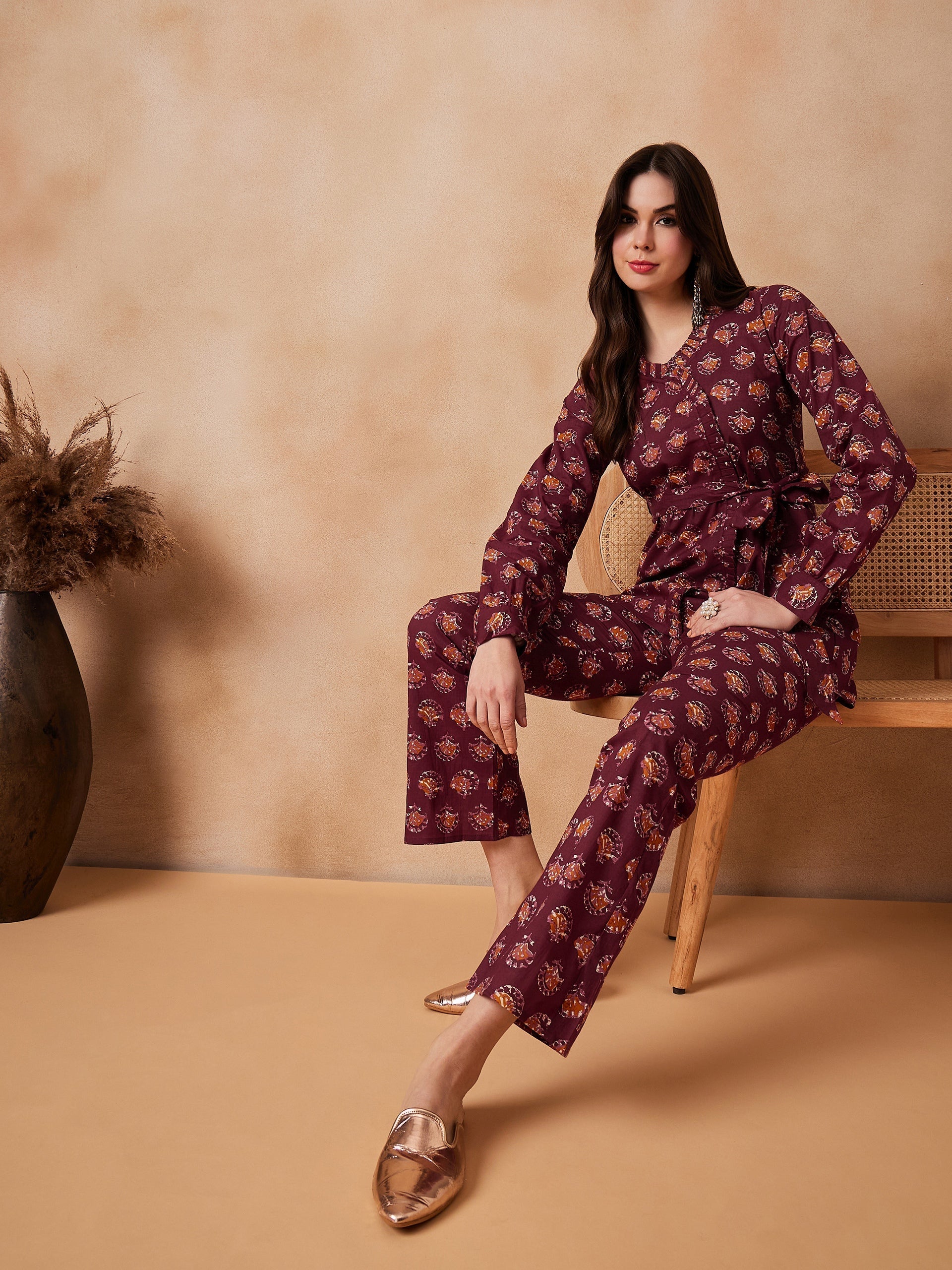 InWeave Burgundy Floral Boota Co Ord Set With Belt 
