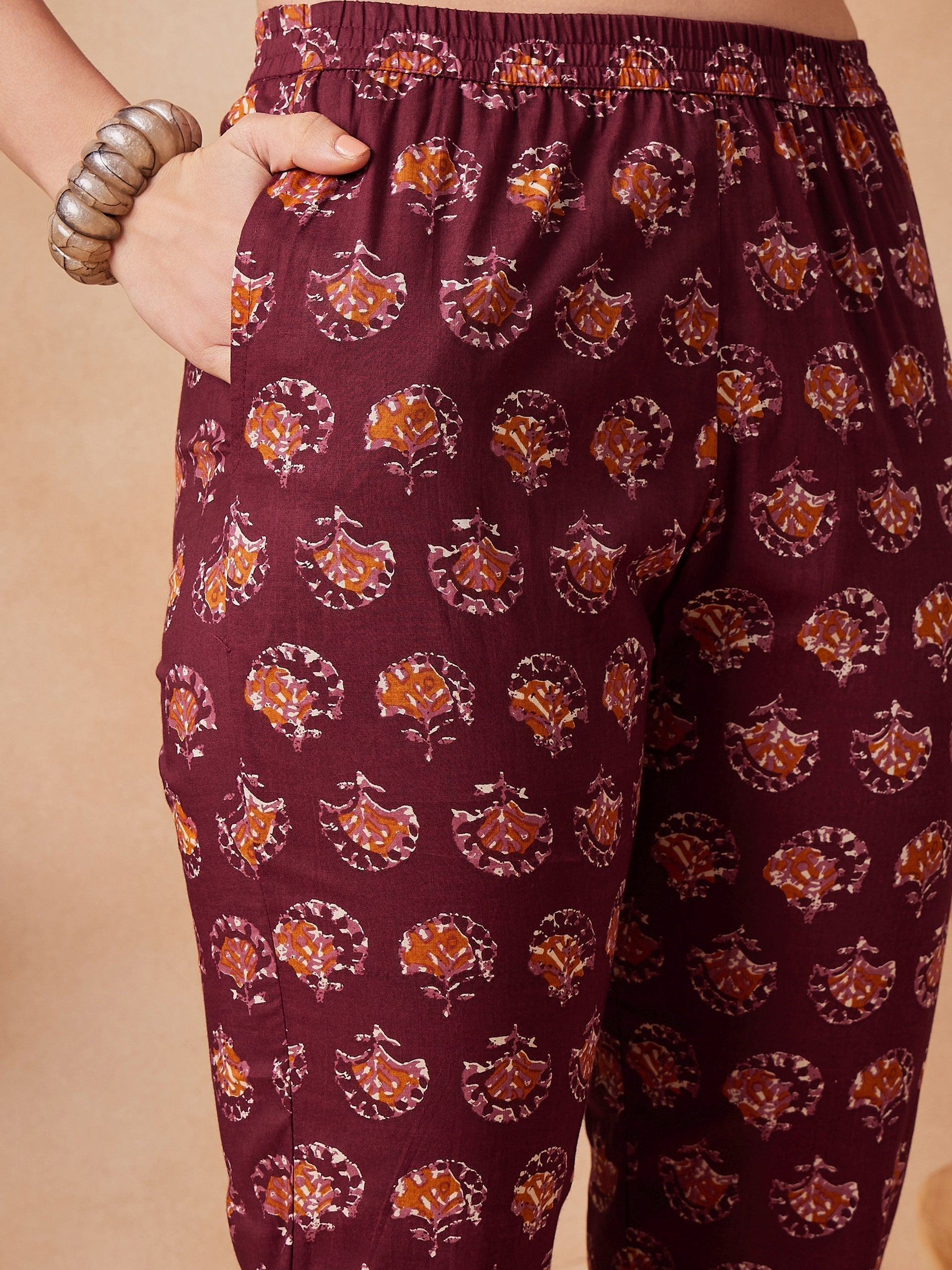 InWeave Burgundy Floral Boota Co Ord Set With Belt 