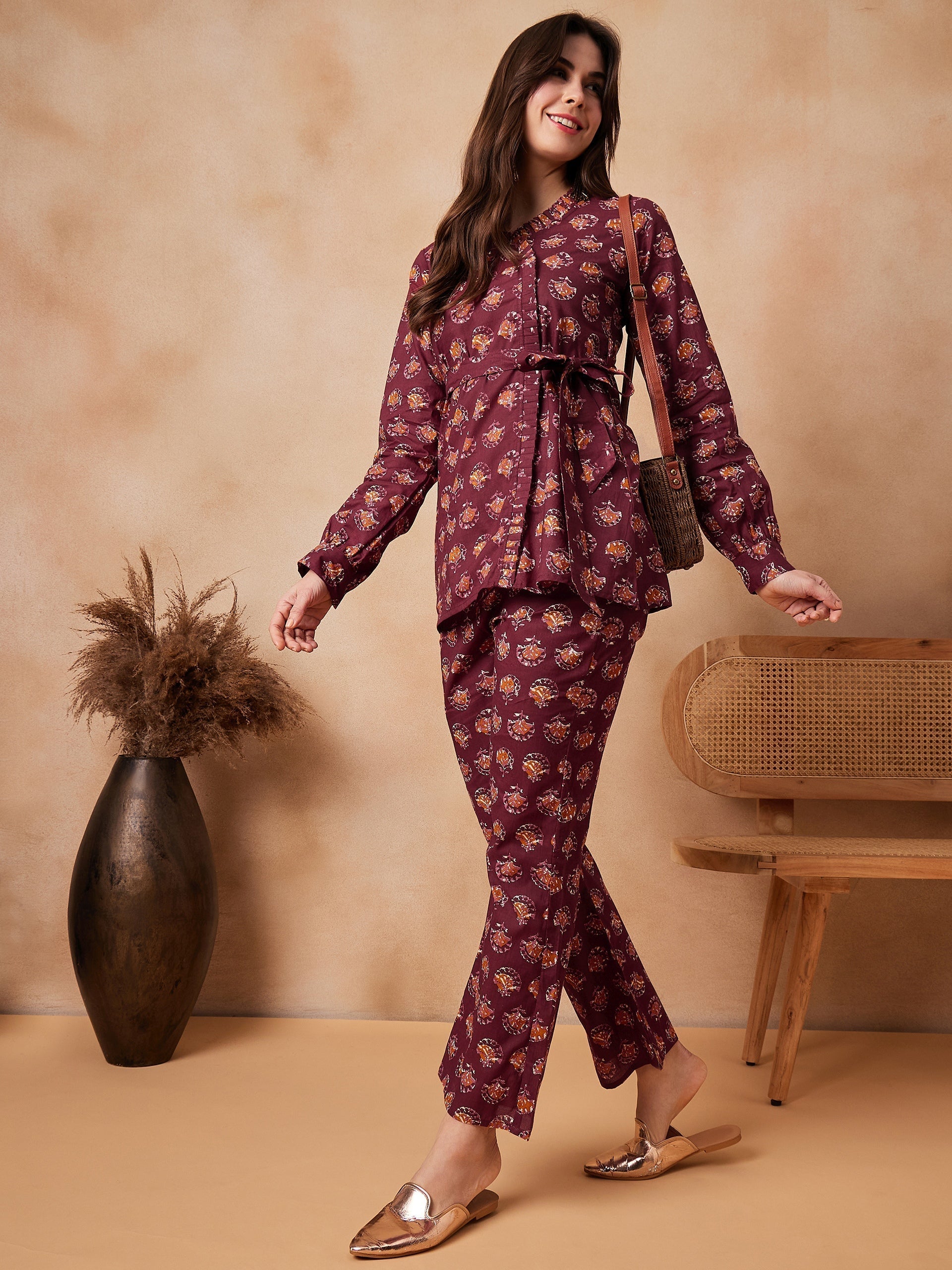 InWeave Burgundy Floral Boota Co Ord Set With Belt 