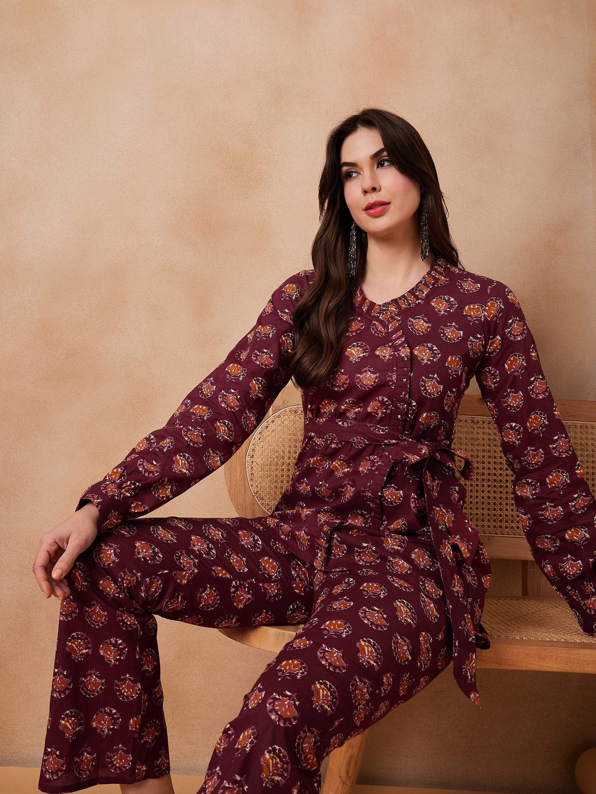 InWeave Burgundy Floral Boota Co Ord Set With Belt 