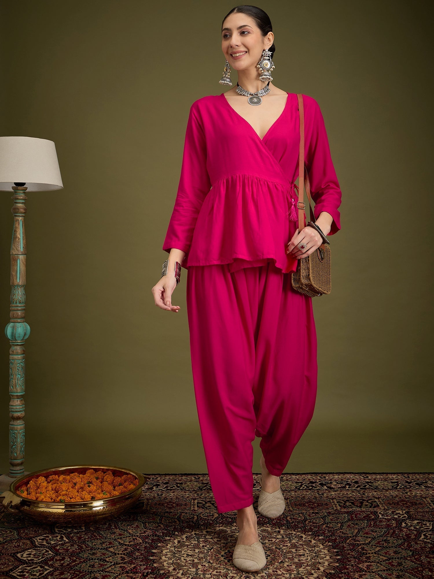 InWeave Fuchsia Angrakha Dhoti Co Ord Set 