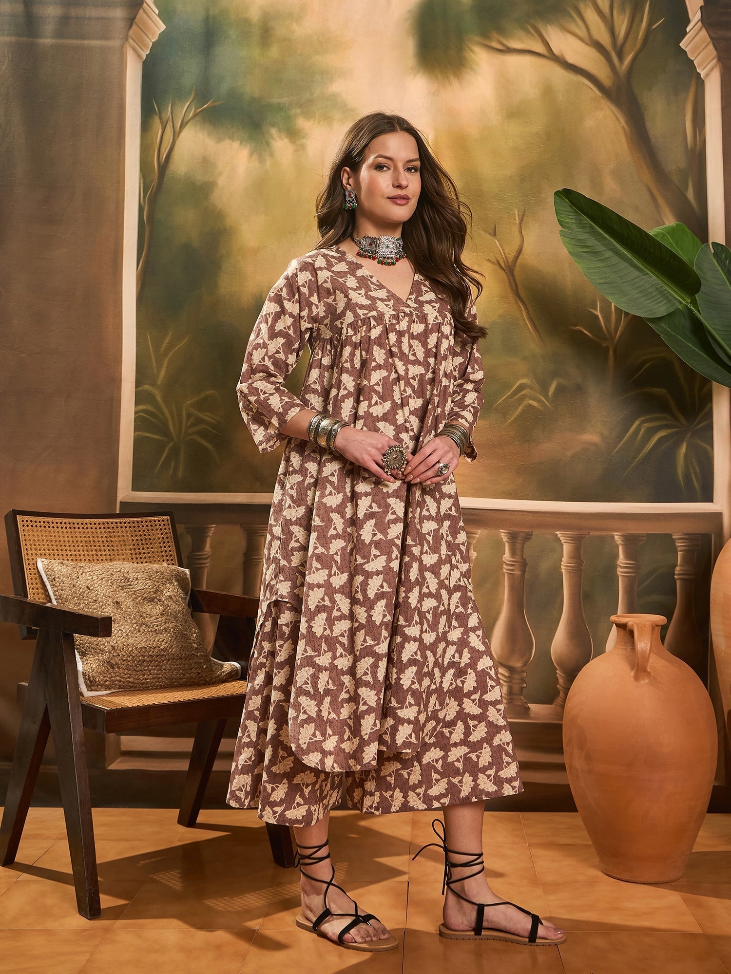 InWeave Light Brown Off White V Neck Flared Kurta Set | Grab2Buy