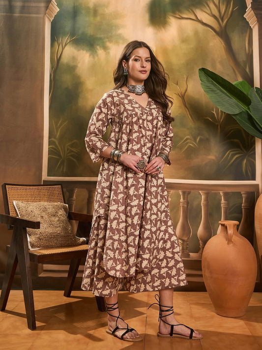 InWeave Light Brown Off White V Neck Flared Kurta Set | Grab2Buy
