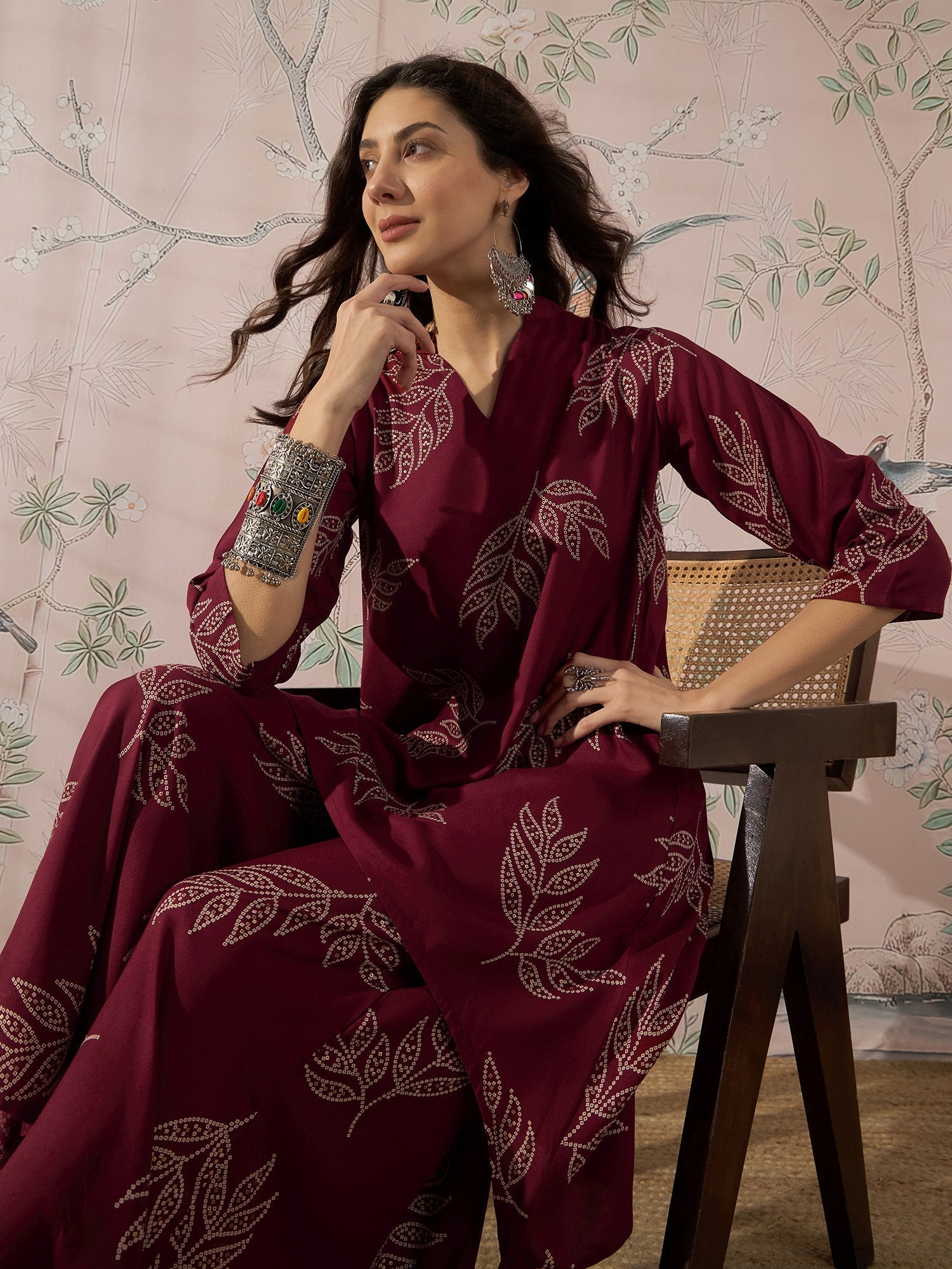InWeave Dark Maroon Leaf Mandarin Kurta Set 