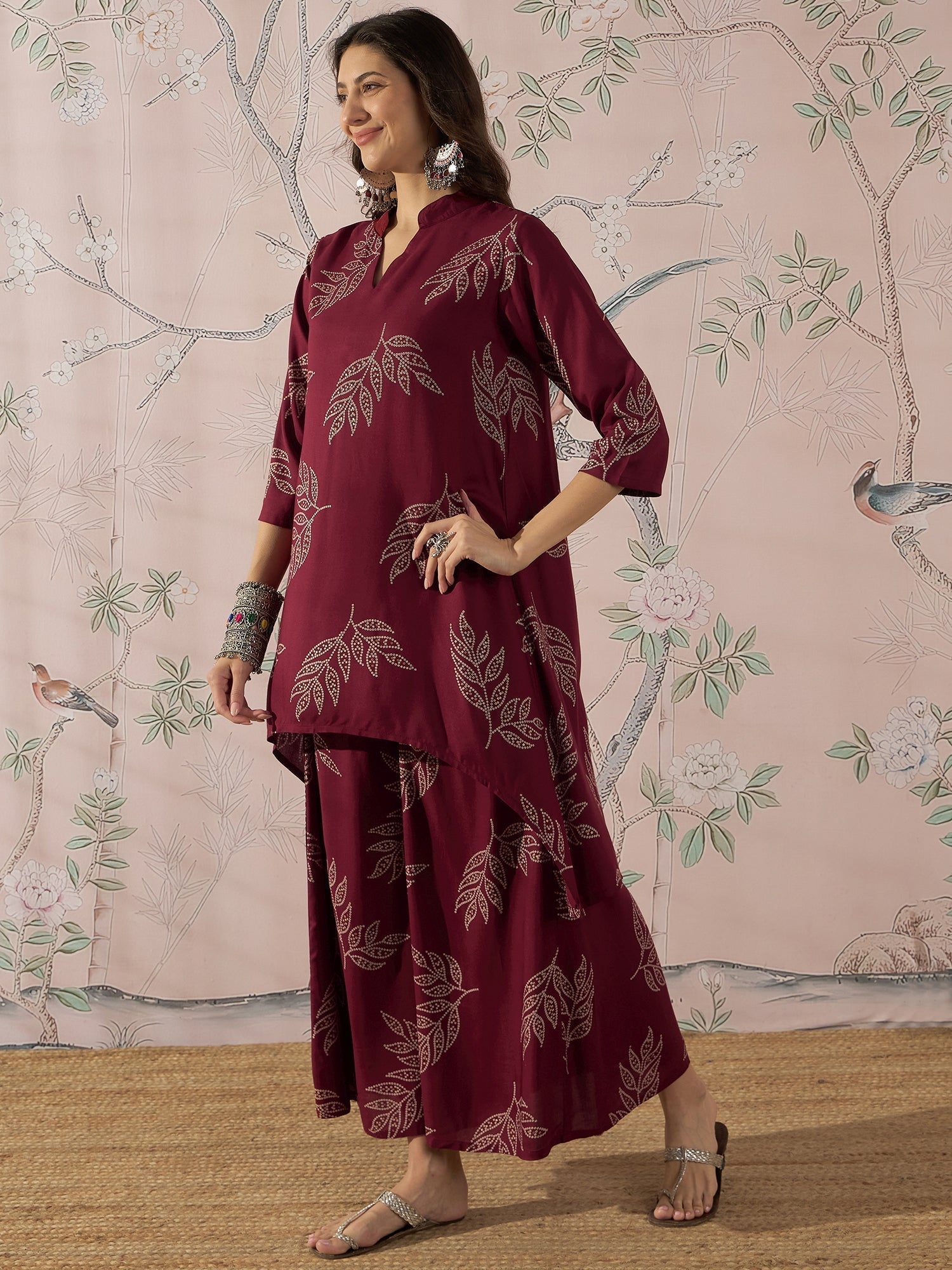 InWeave Dark Maroon Leaf Mandarin Kurta Set 