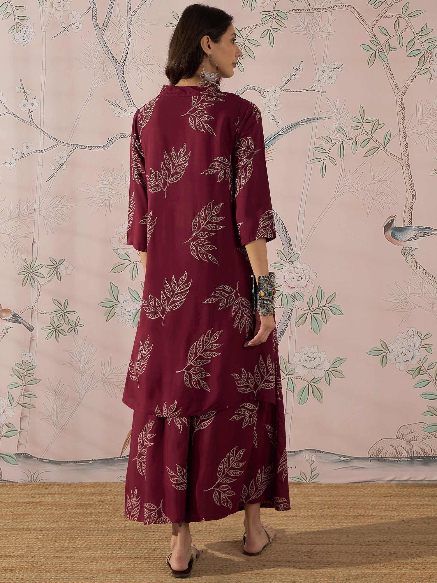 InWeave Dark Maroon Leaf Mandarin Kurta Set 