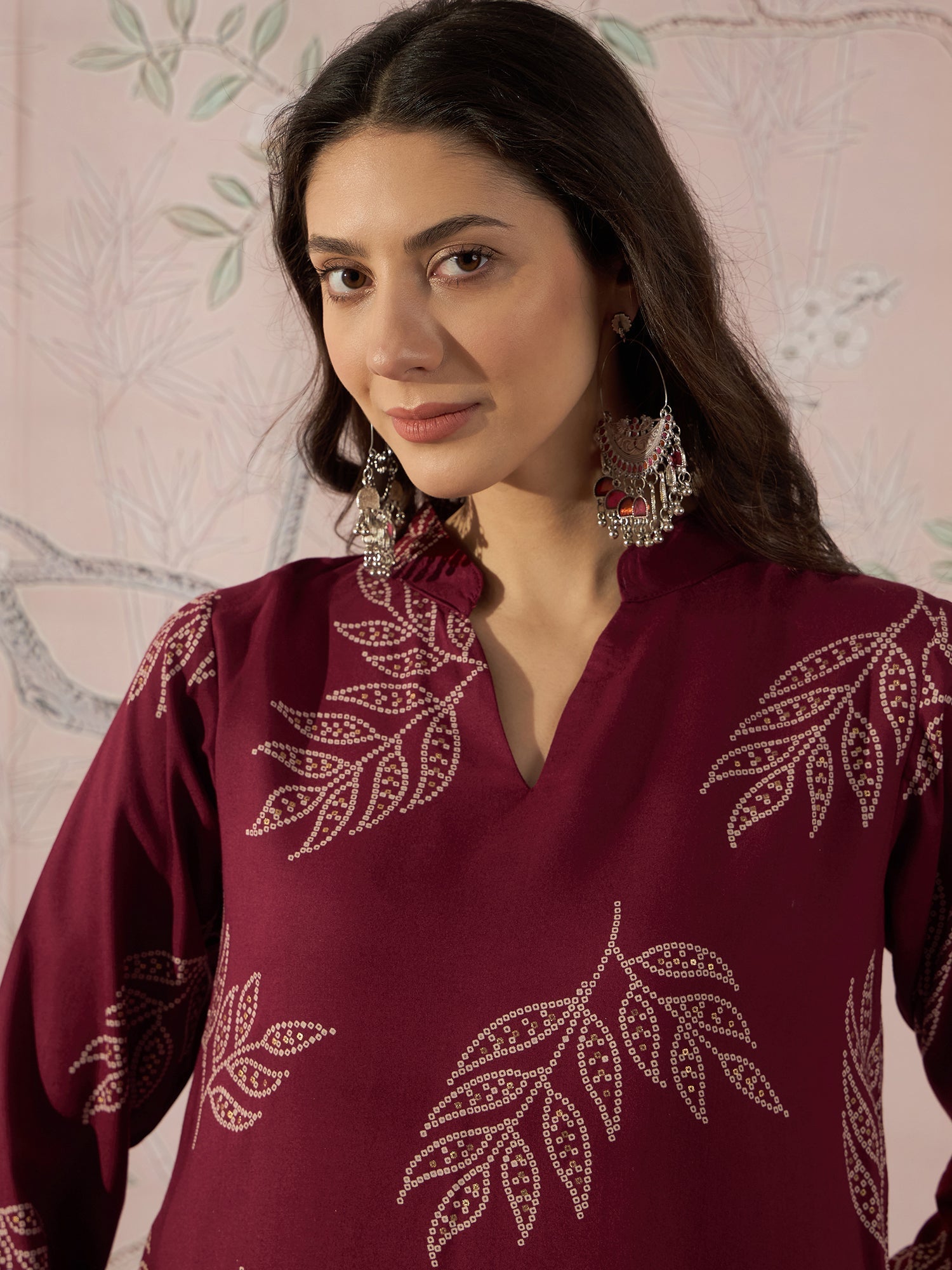 InWeave Dark Maroon Leaf Mandarin Kurta Set 