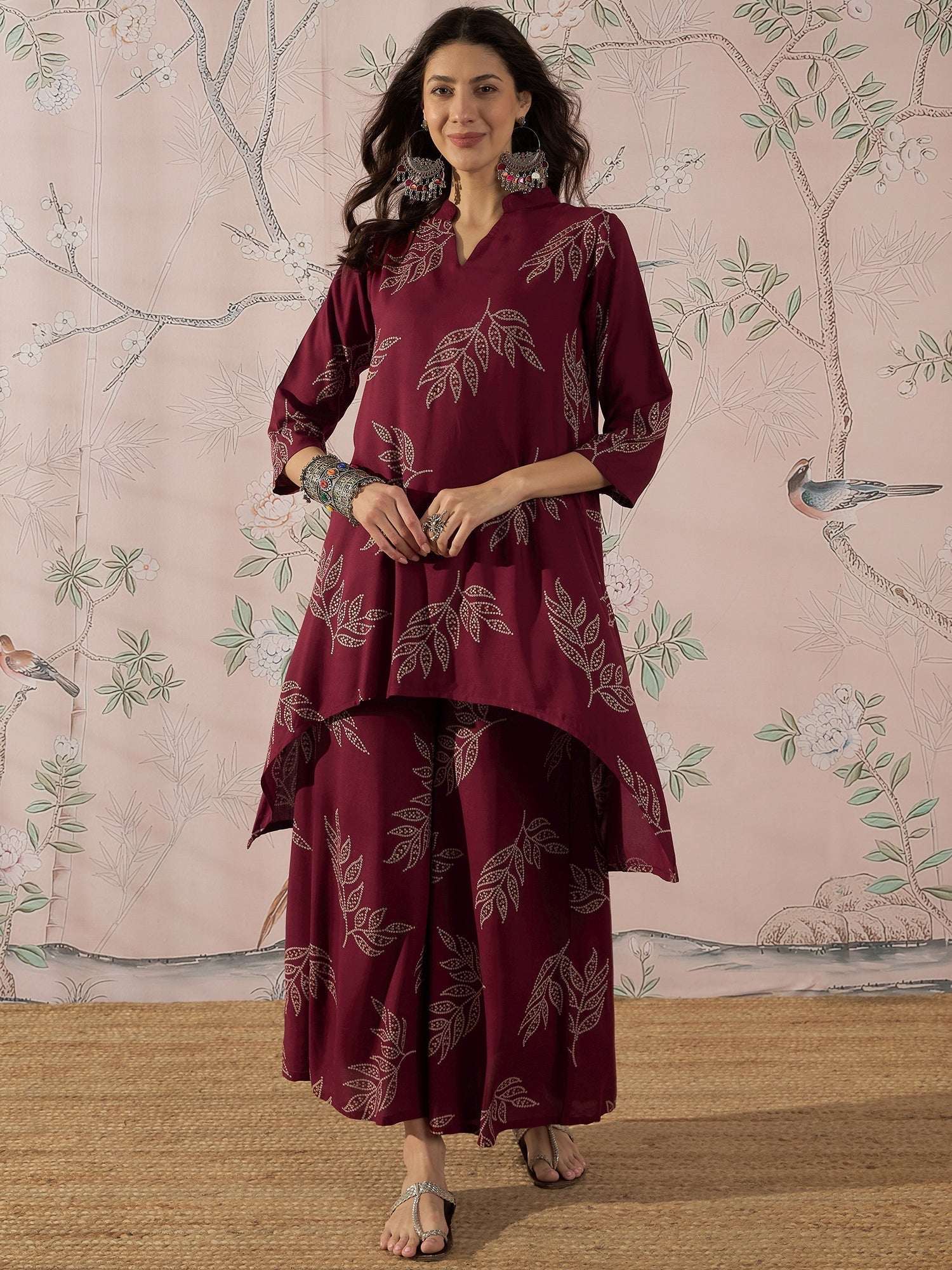 InWeave Dark Maroon Leaf Mandarin Kurta Set 