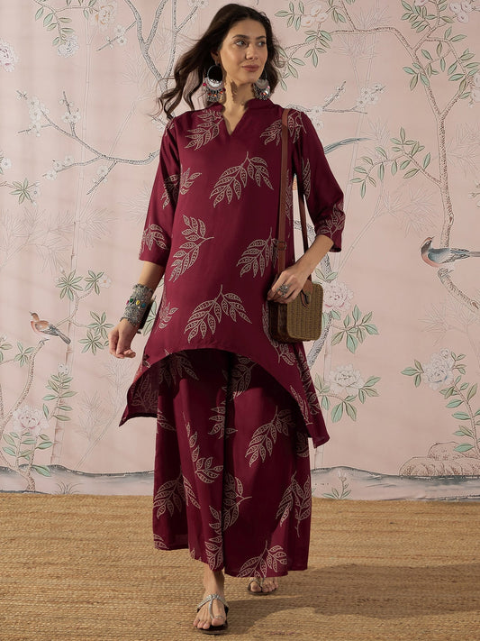 InWeave Dark Maroon Leaf Mandarin Kurta Set 