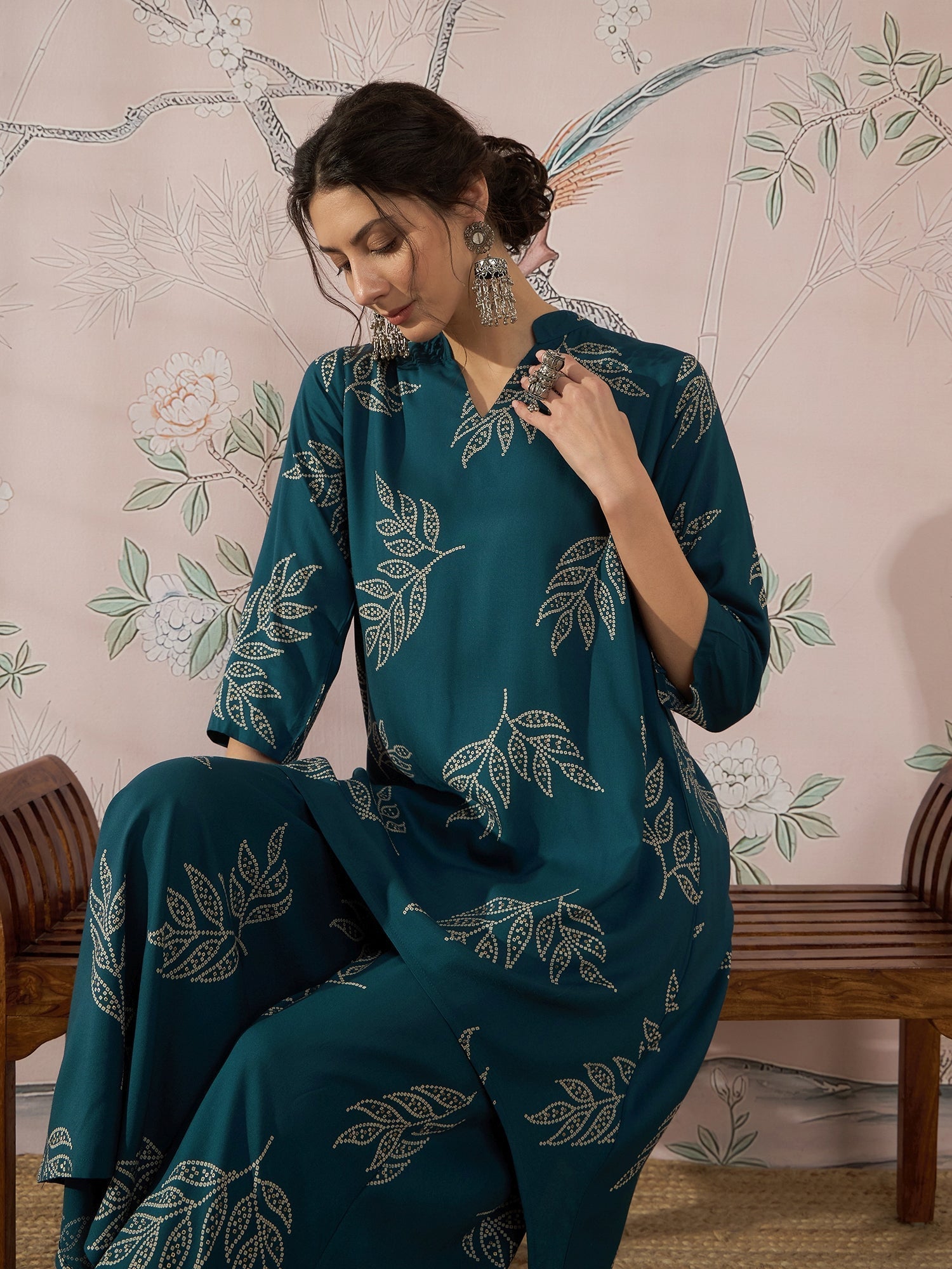 InWeave Dark Teal Leaf Mandarin Kurta Set 