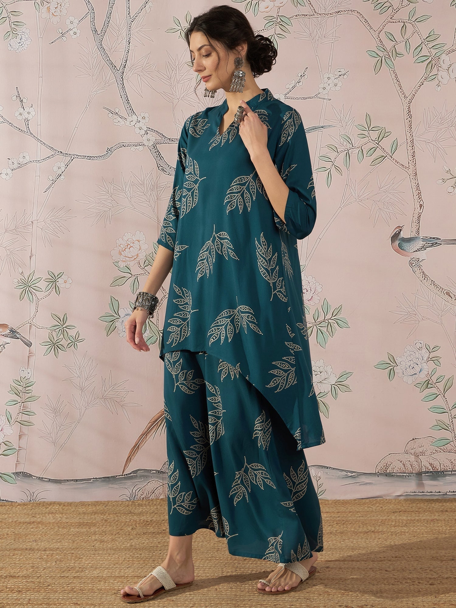 InWeave Dark Teal Leaf Mandarin Kurta Set 