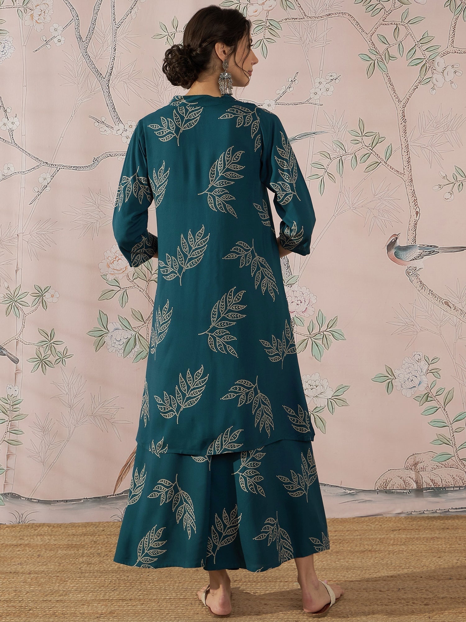 InWeave Dark Teal Leaf Mandarin Kurta Set 