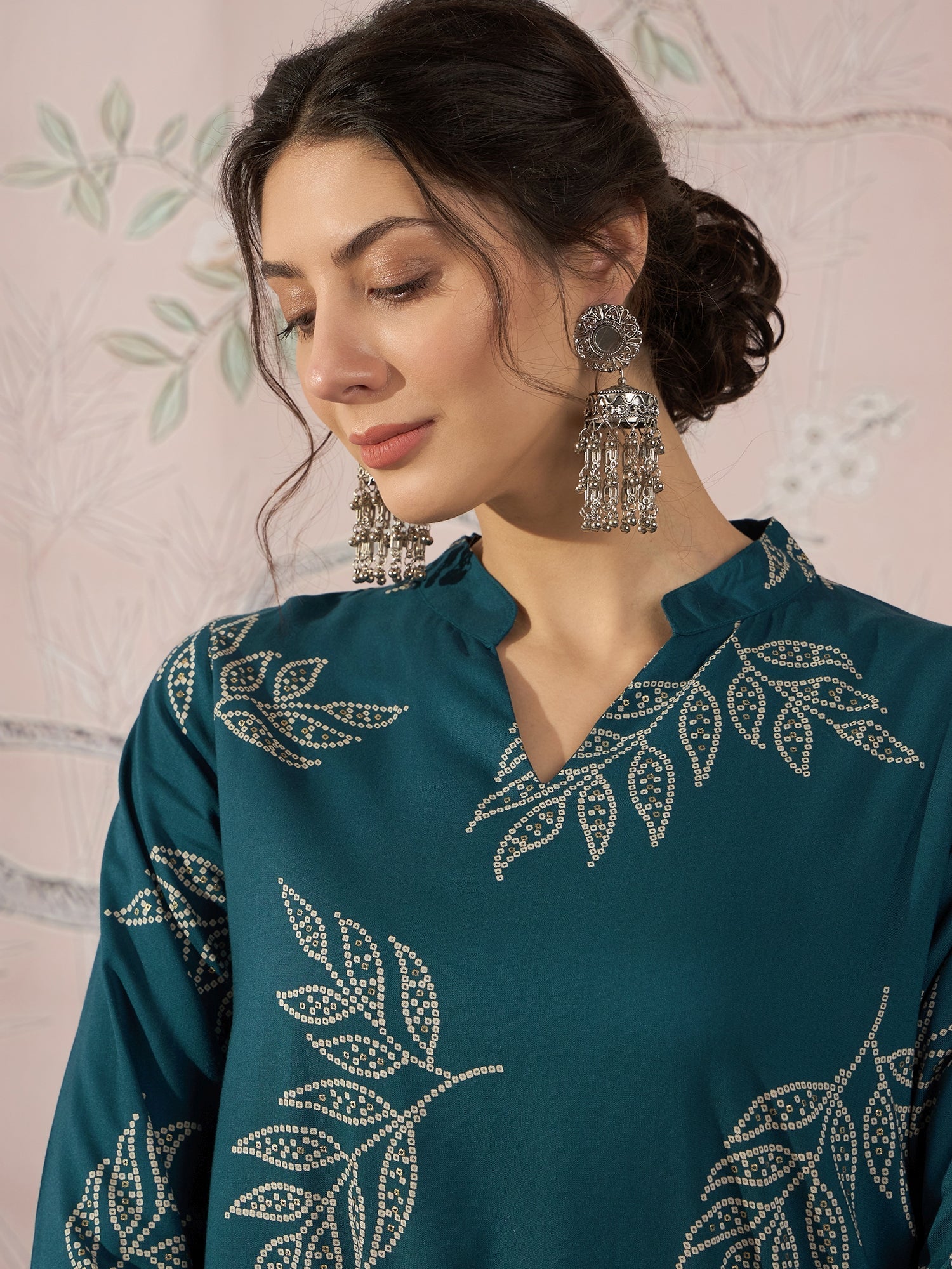 InWeave Dark Teal Leaf Mandarin Kurta Set 