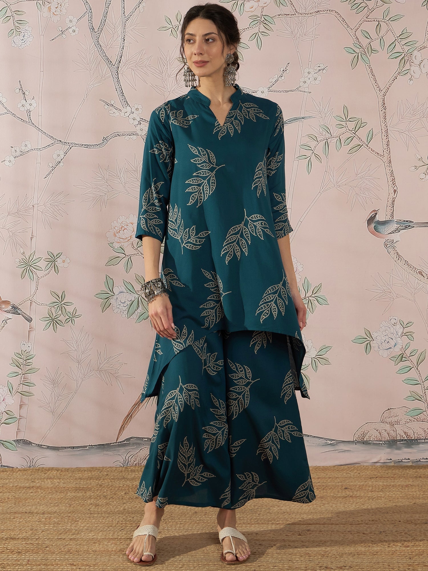 InWeave Dark Teal Leaf Mandarin Kurta Set 