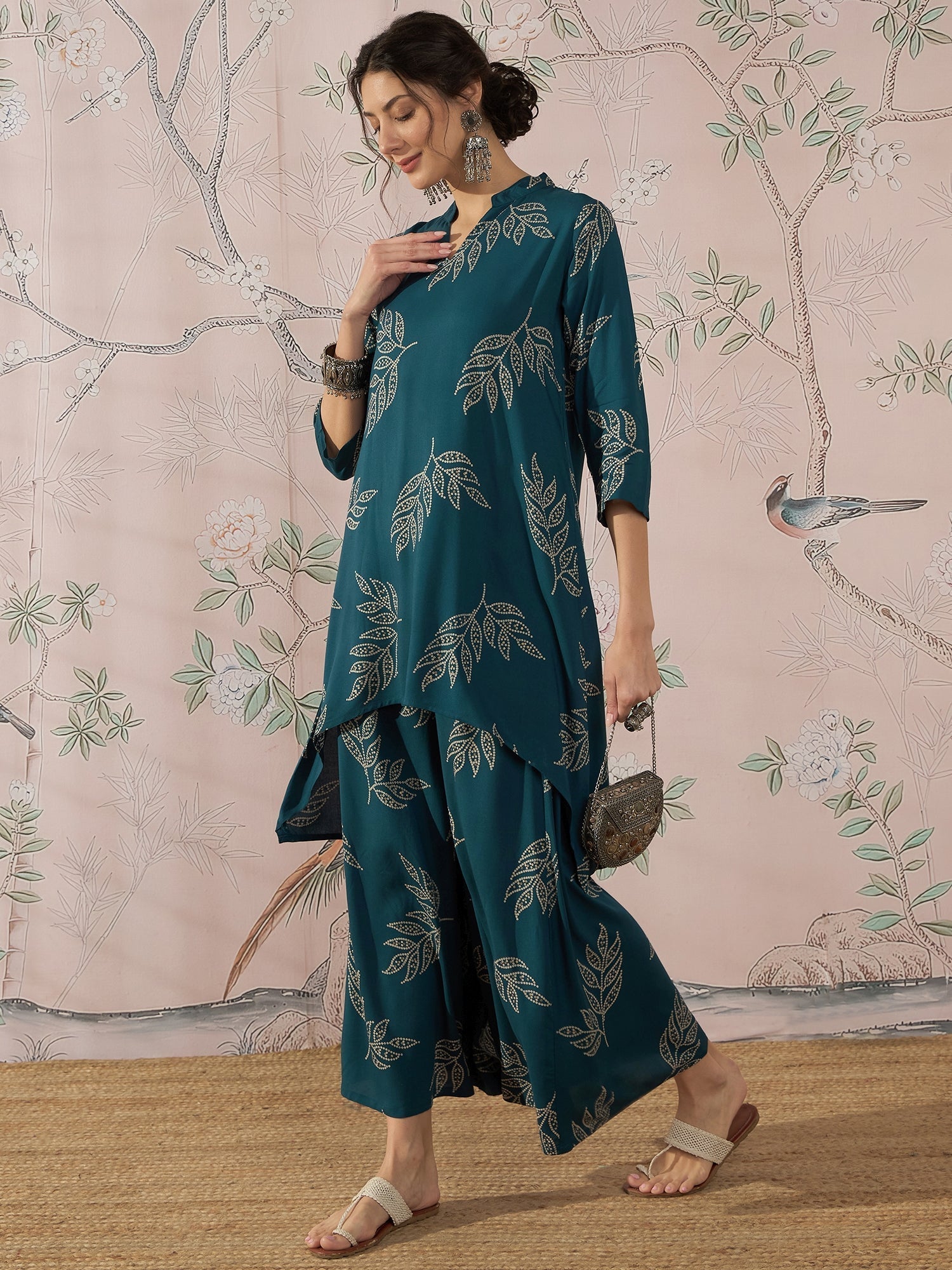 InWeave Dark Teal Leaf Mandarin Kurta Set 