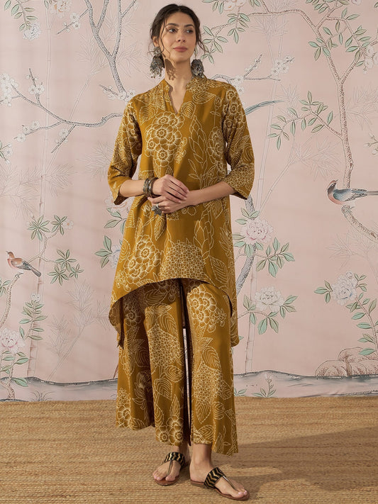 InWeave Dark Yellow Rose Leaf Mandarin Kurta Set 