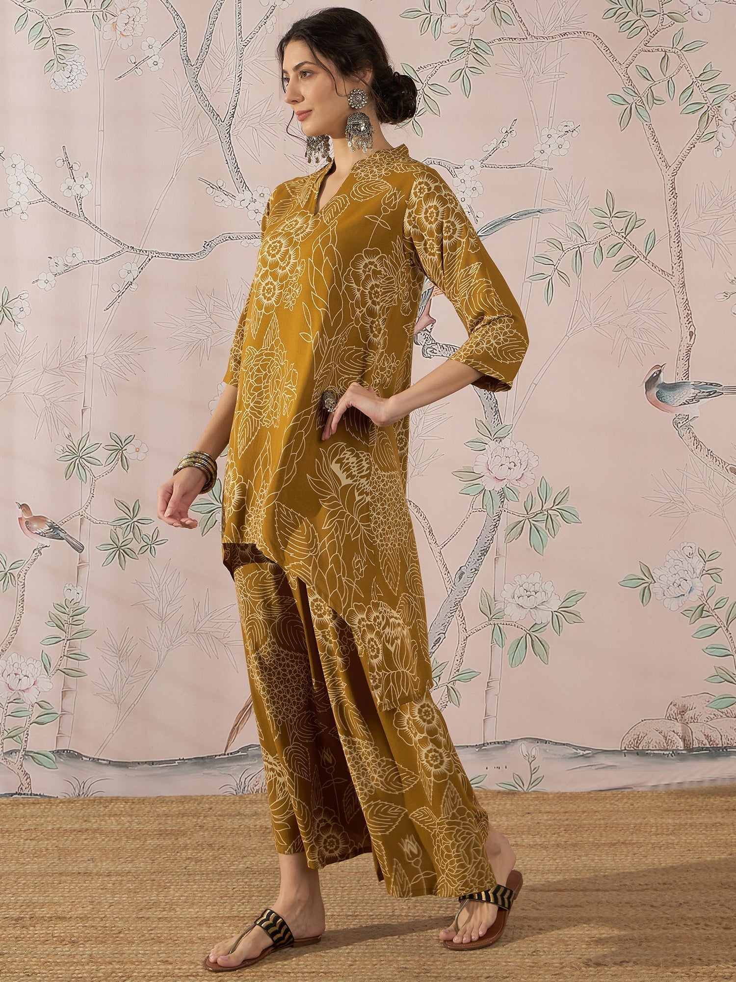 InWeave Dark Yellow Rose Leaf Mandarin Kurta Set 