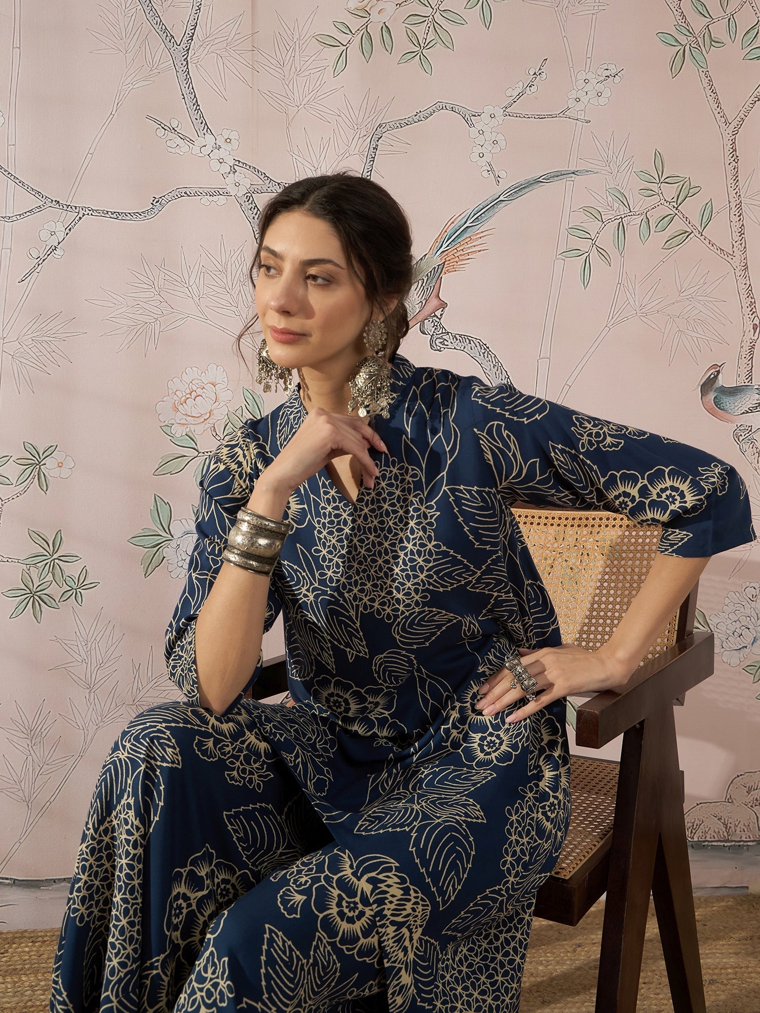 InWeave Peacock Teal Rose Leaf Mandarin Kurta Set 