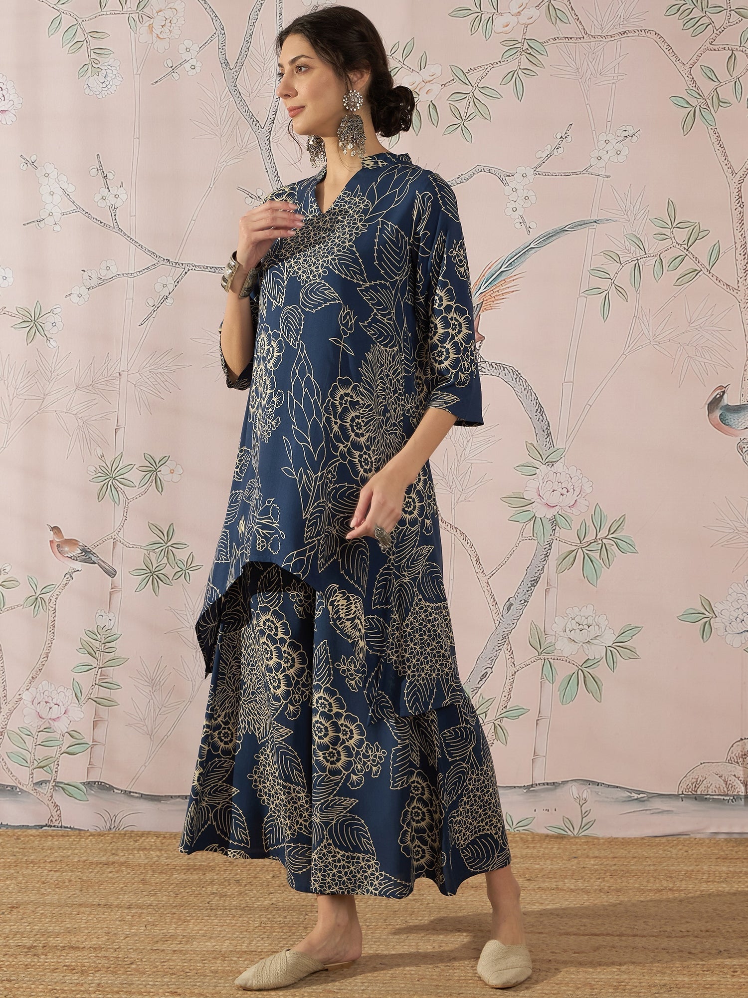 InWeave Peacock Teal Rose Leaf Mandarin Kurta Set 