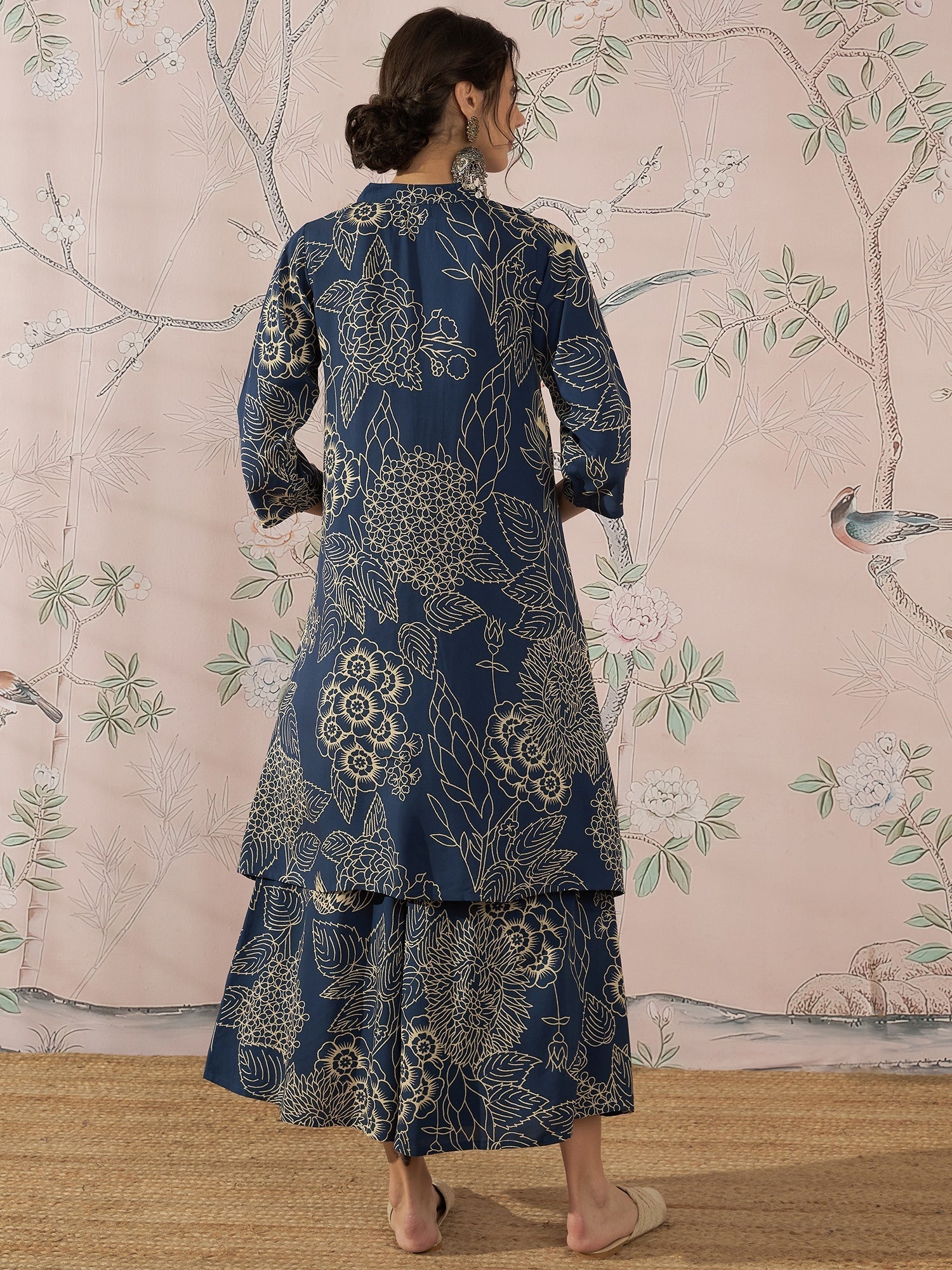 InWeave Peacock Teal Rose Leaf Mandarin Kurta Set 
