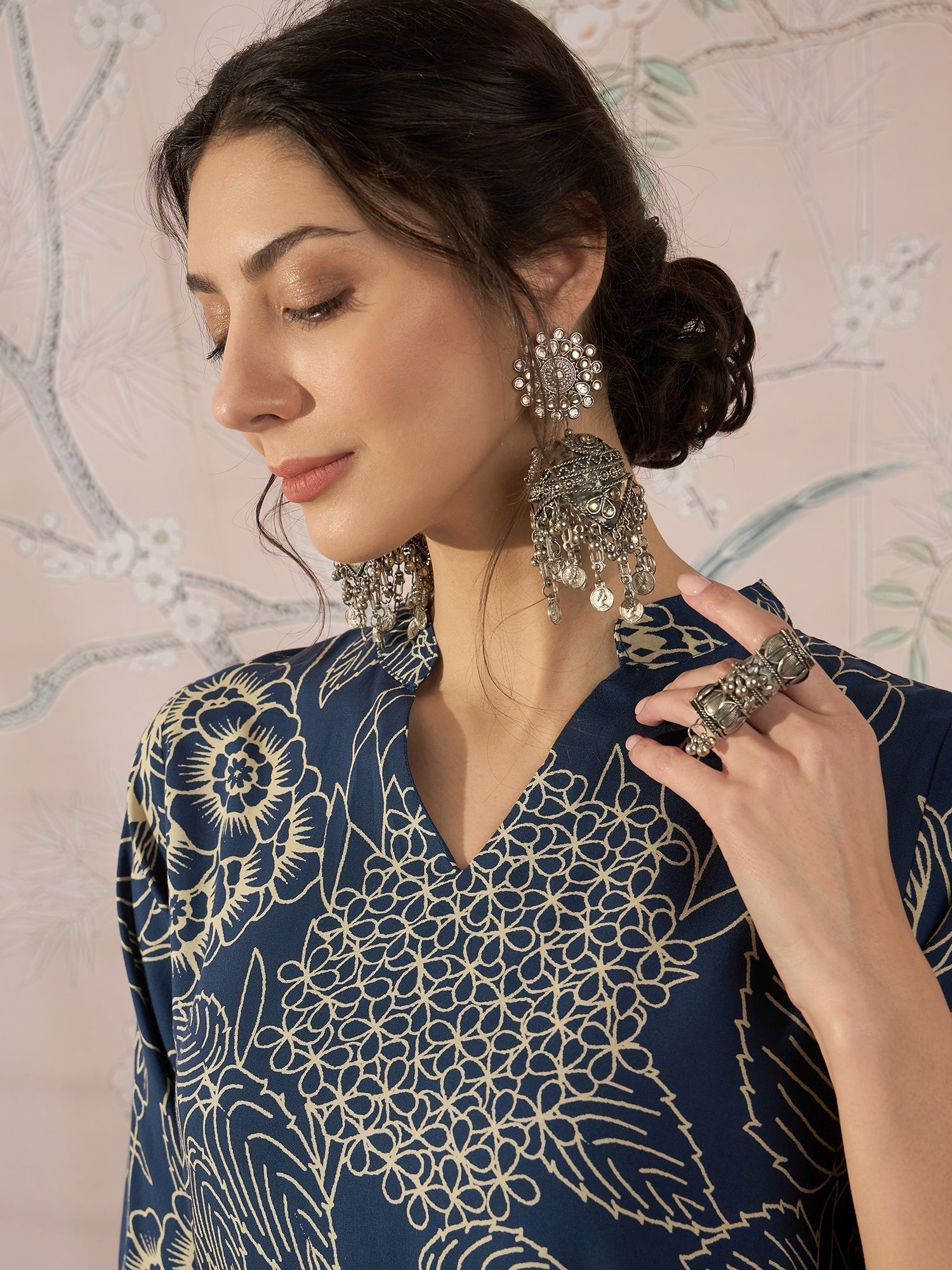 InWeave Peacock Teal Rose Leaf Mandarin Kurta Set 