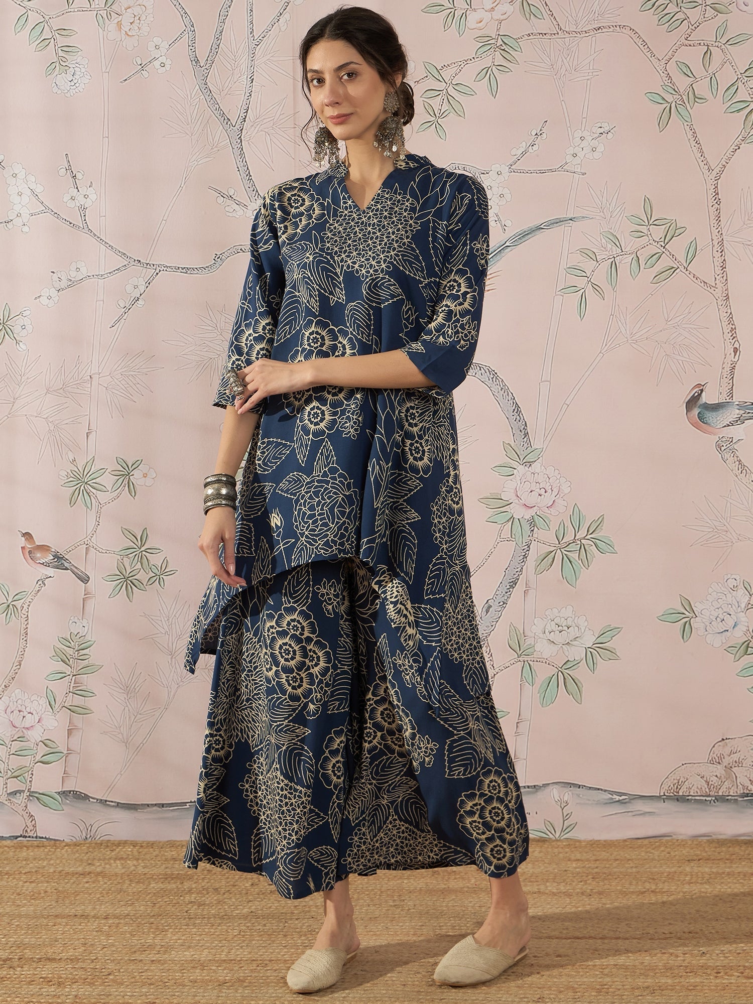 InWeave Peacock Teal Rose Leaf Mandarin Kurta Set 