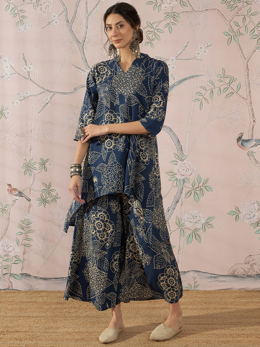 InWeave Peacock Teal Rose Leaf Mandarin Kurta Set 