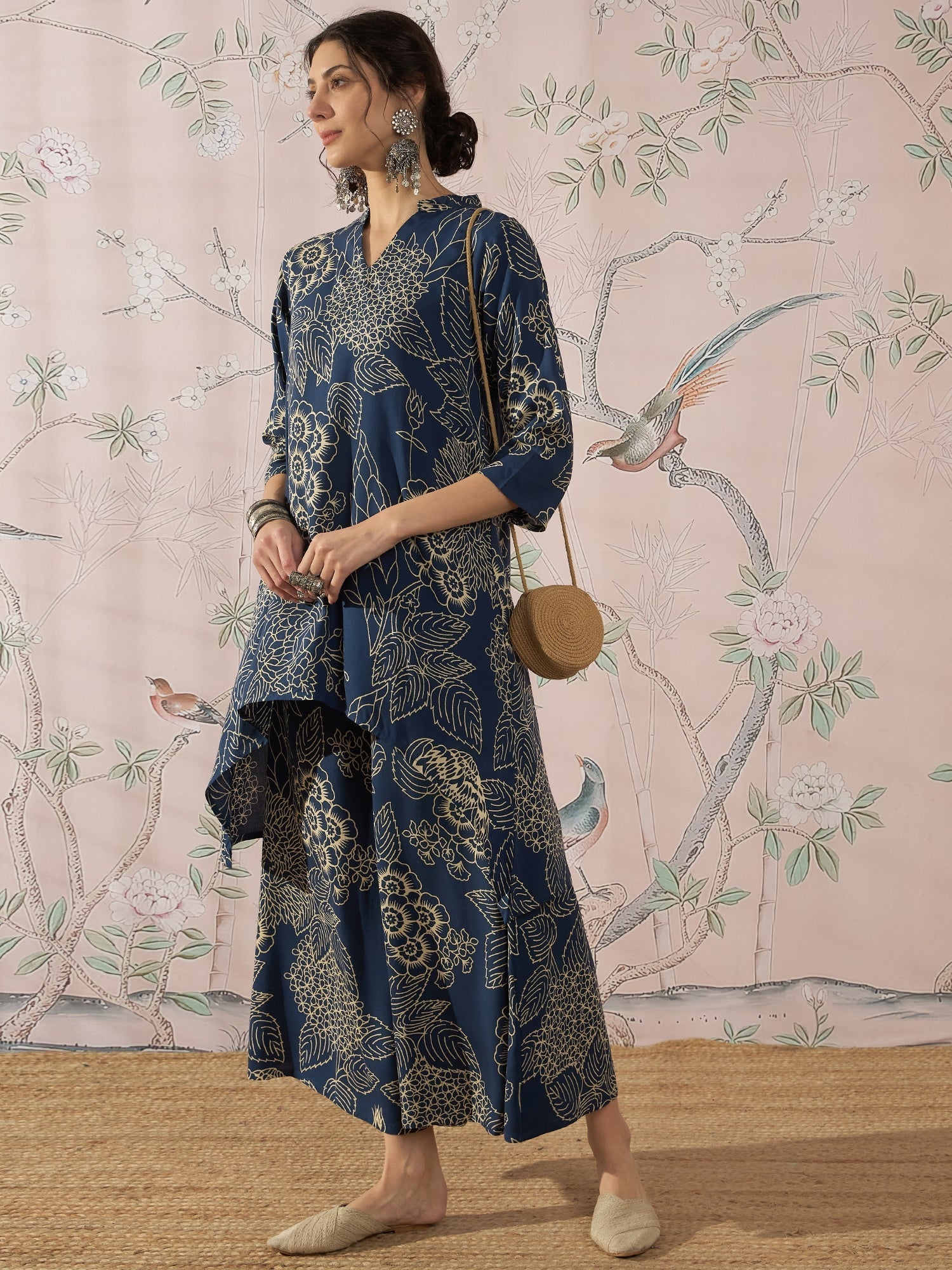 InWeave Peacock Teal Rose Leaf Mandarin Kurta Set 