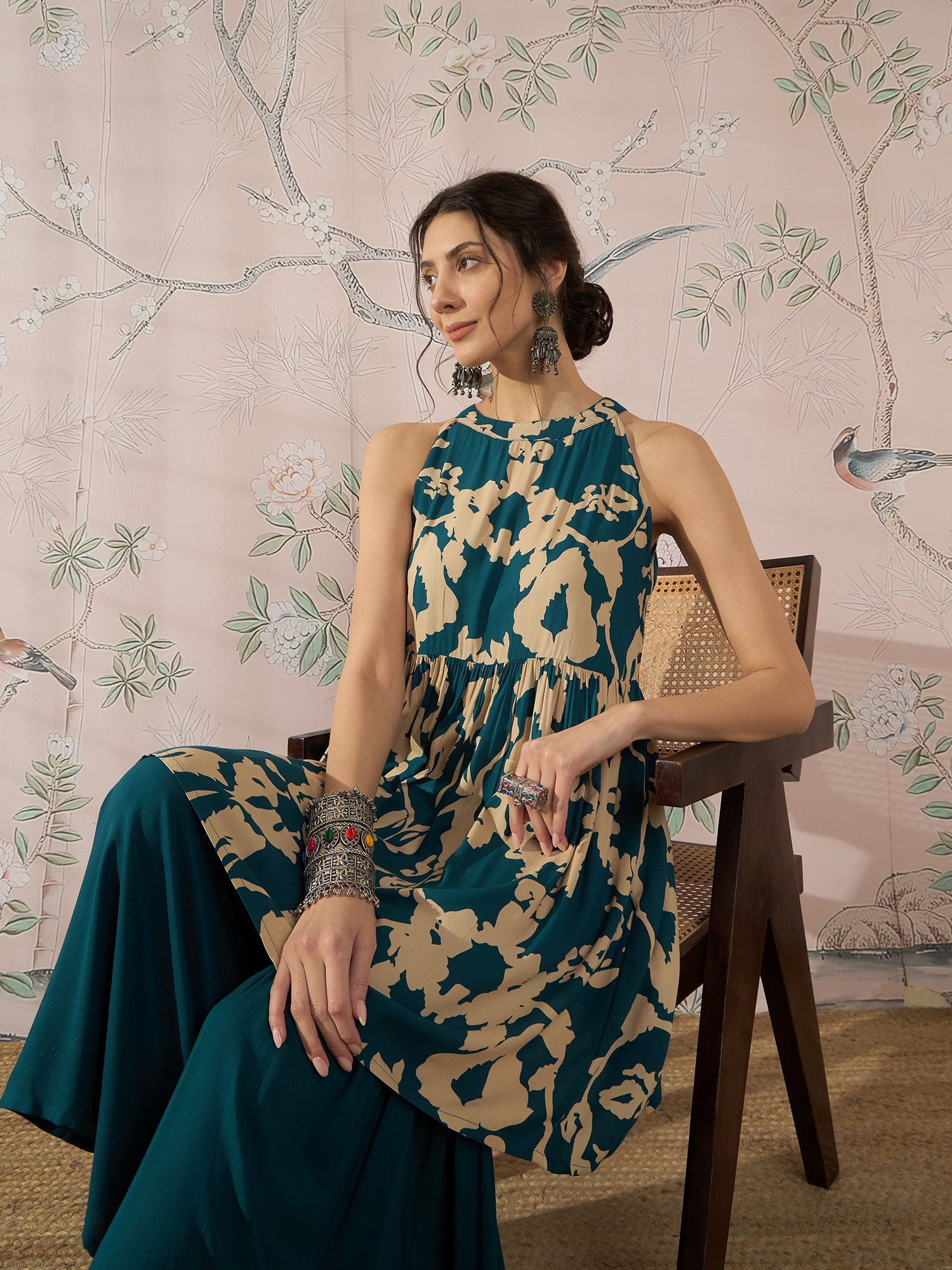 InWeave Teal Beige Halter Kurta Sharara Set 